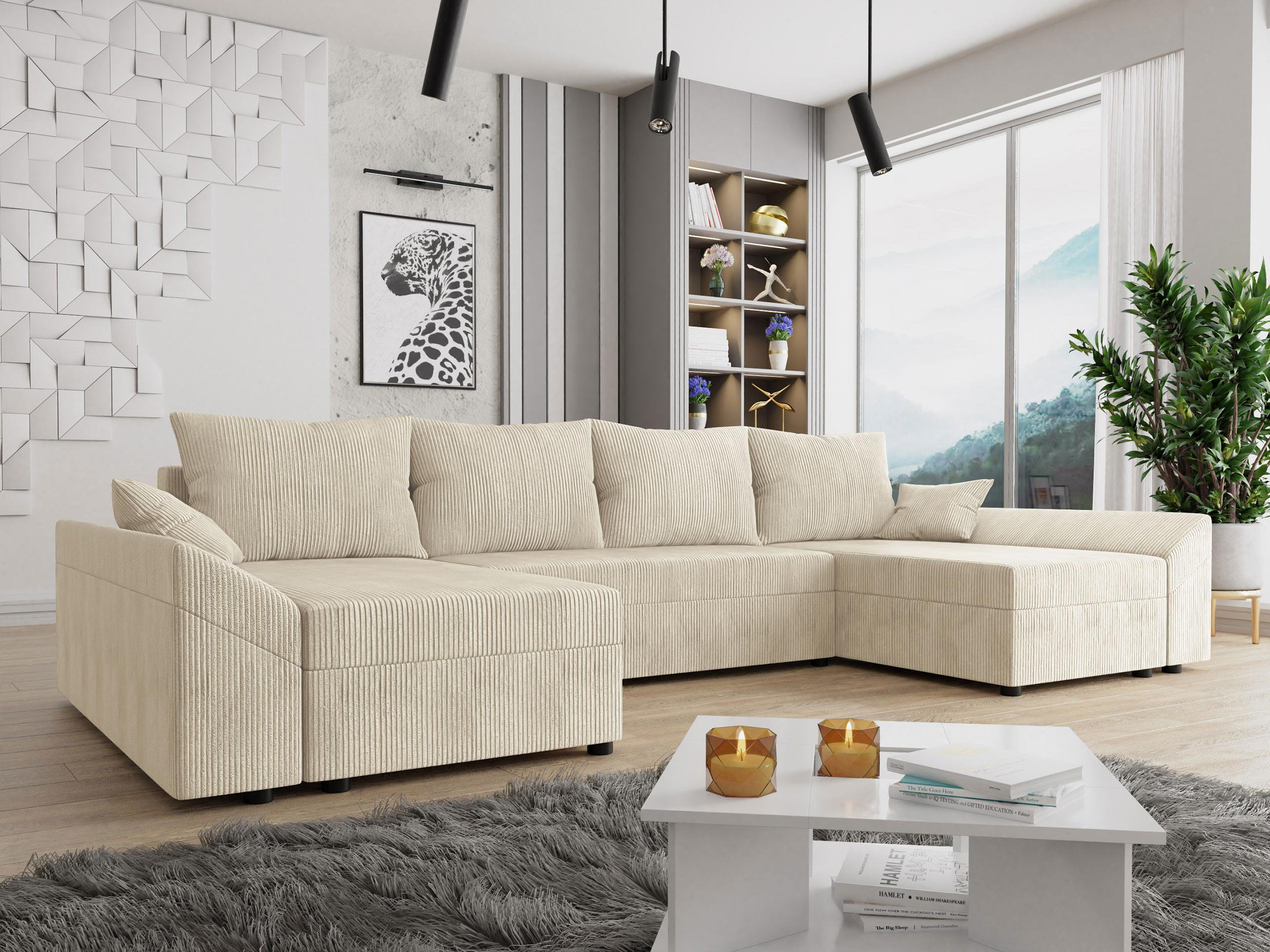 WOHNLANDSCHAFT Dante U Cord - Schwarz/Naturfarben, Holz/Kunststoff (310/82/140cm) - MIRJAN24