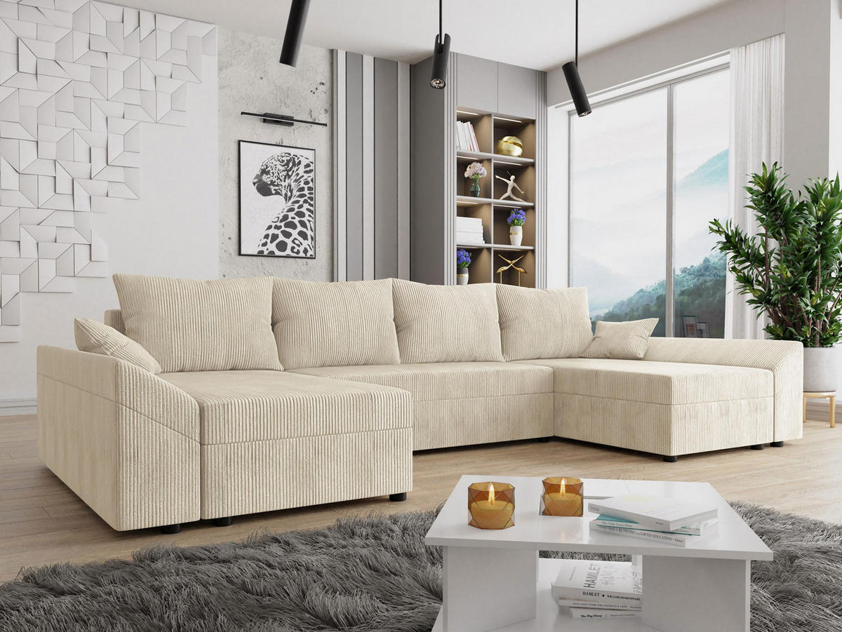 WOHNLANDSCHAFT Dante U Cord - Schwarz/Naturfarben, Holz/Kunststoff (310/82/140cm) - MIRJAN24