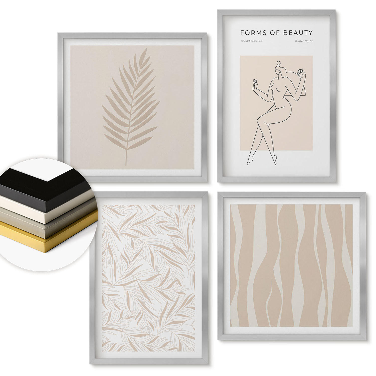 WANDBILDER 4er Set - 50x50 cm & 40x60 cm Silberner Rahmen - Minimalistische Pflanzenmotive - Silberfarben, Kunststoff (50/50cm) - ArtPrintCave