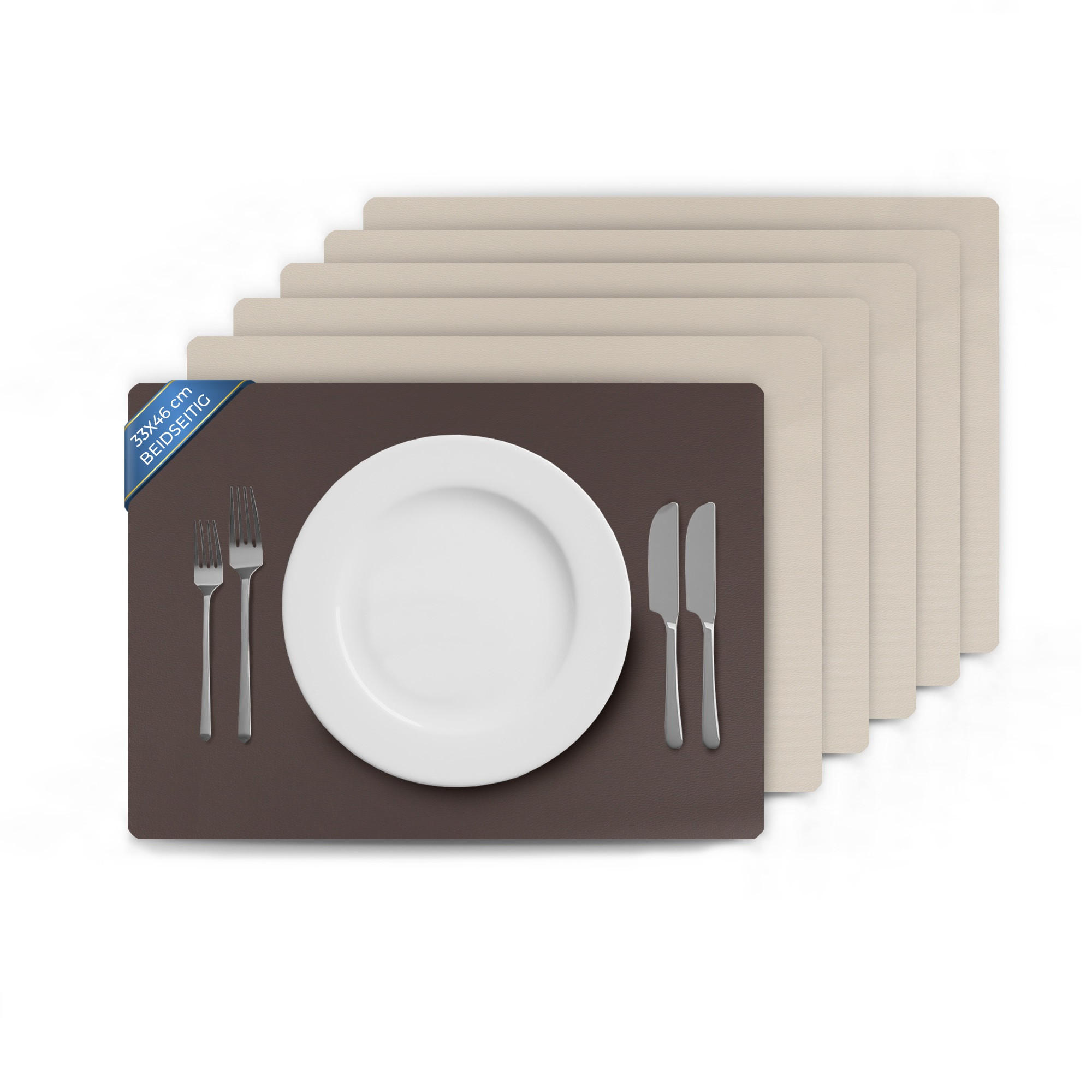 TISCHSET ( 6er Set ) abwischbares Lederimitat Platzdeckchen 46x33cm - Doppelseitiges Unifarben ( Braun / Beige ) Kunstleder Platzset - Beige, Kunststoff (33/46cm) - Bestlivings