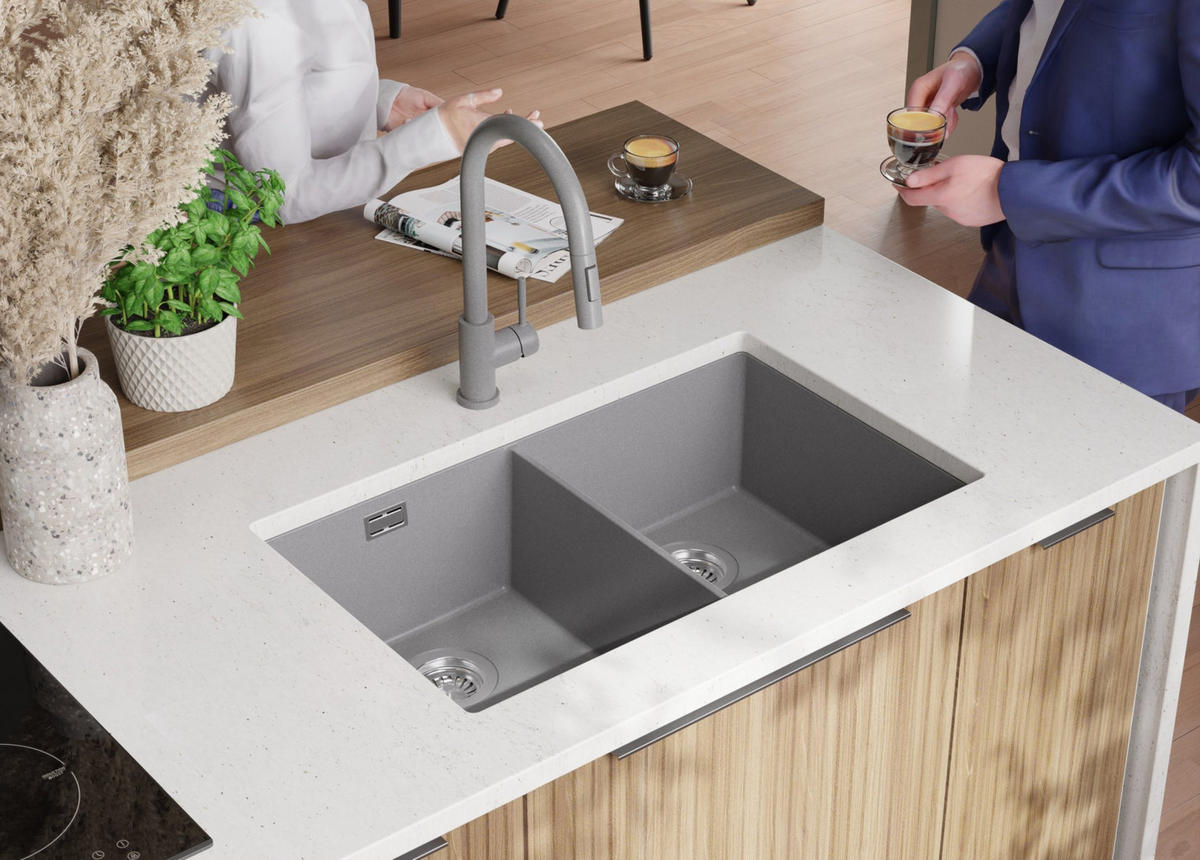 UNTERBAUSPÜLE GRANIT London Twin, 2-er set Grau 76/47 cm 2 Becken + Ablauf-Set ab 80er Unterschrank - Grau, Kunststoff (76/20/47cm) - Primagran