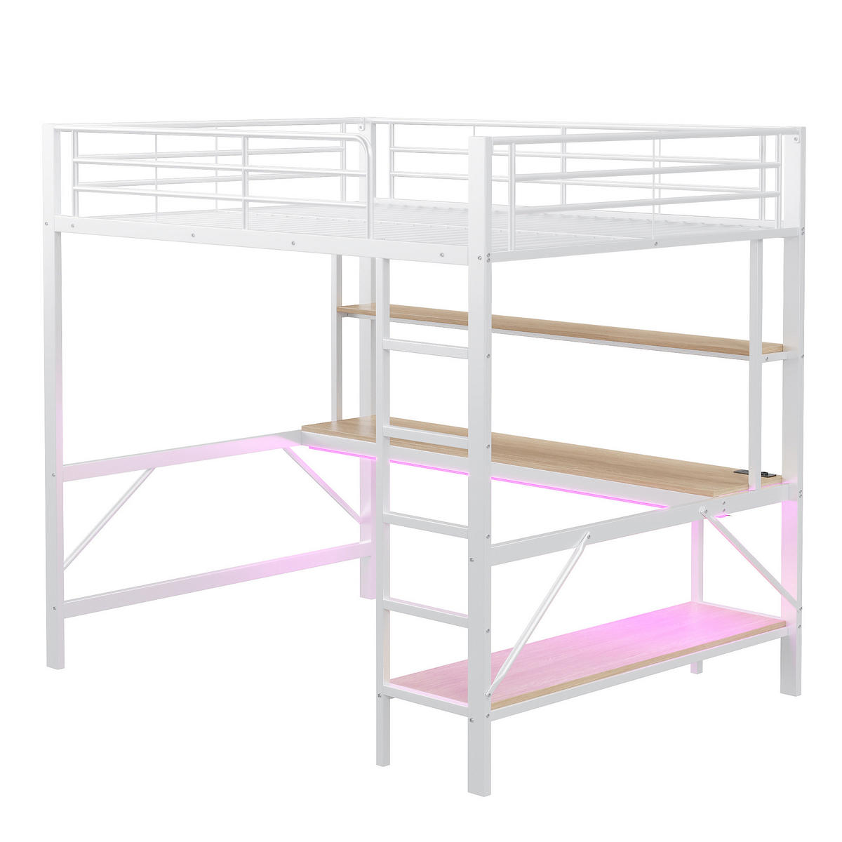 HOCHBETT 140/200 cm DE-04657, mit LED, Schreibtisch und Regal in Weiß - Weiß, Metall (140/200cm) - ComfortXL