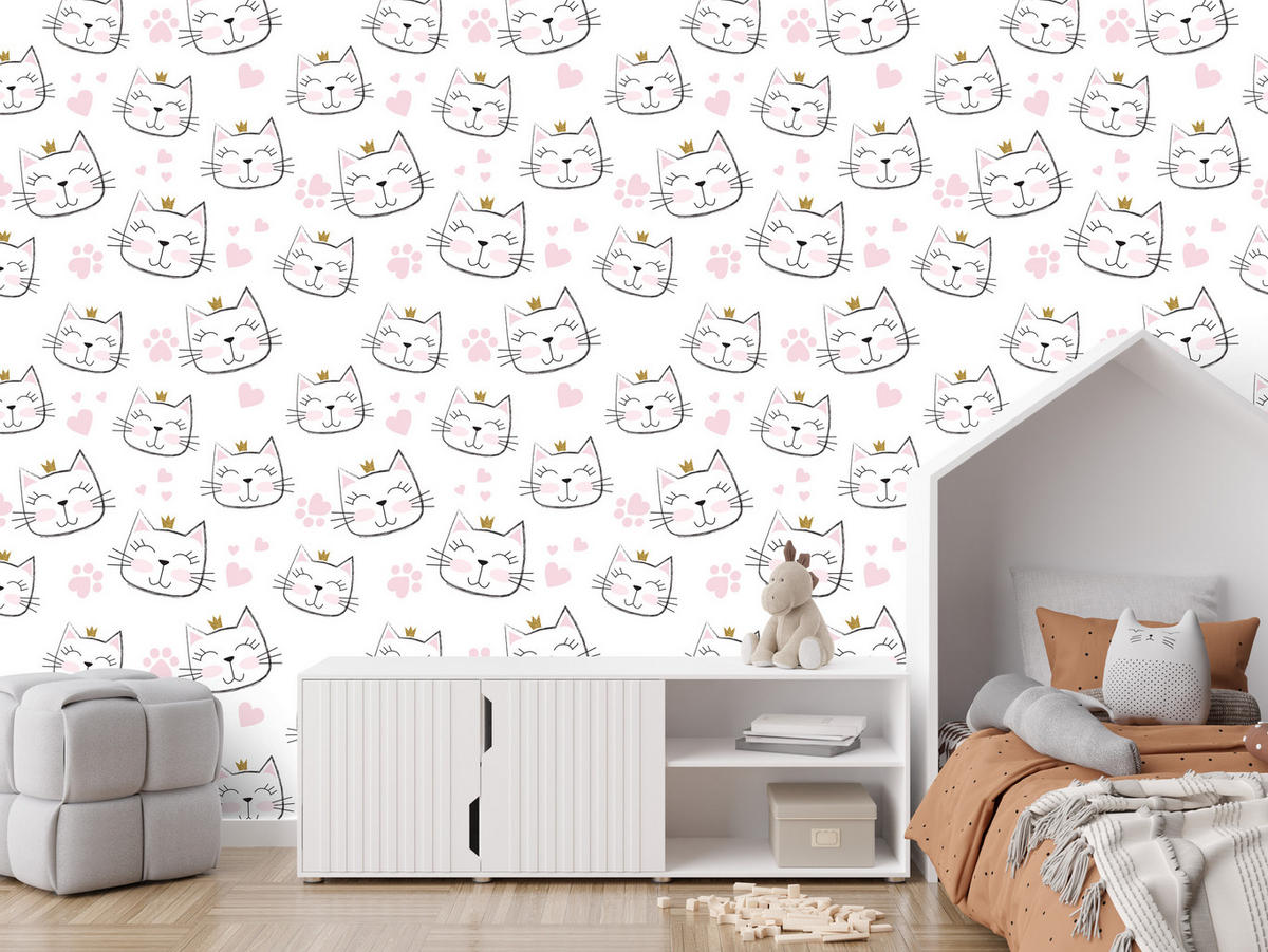 VLIESTAPETE Katzen mit Kronen und Herzen – Rosa, Grau, Weiß – 50x1000 cm - Rosa/Weiß, Papier (50/1000cm) - Muralo