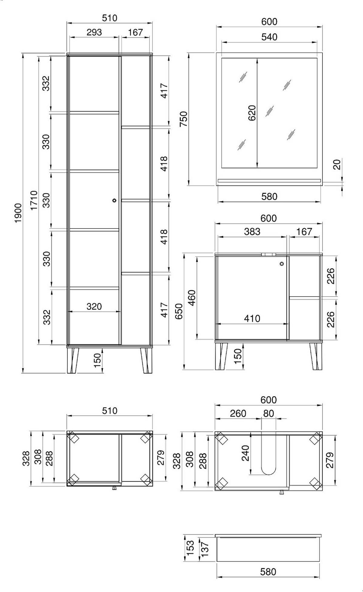 BADMÖBEL-SET 3-teilig weiß, Evoke Eiche, Badkombination 121 x 190 cm - Eichefarben/Schwarz, Glas/Holzwerkstoff (121/190/33cm) - Furn.Design