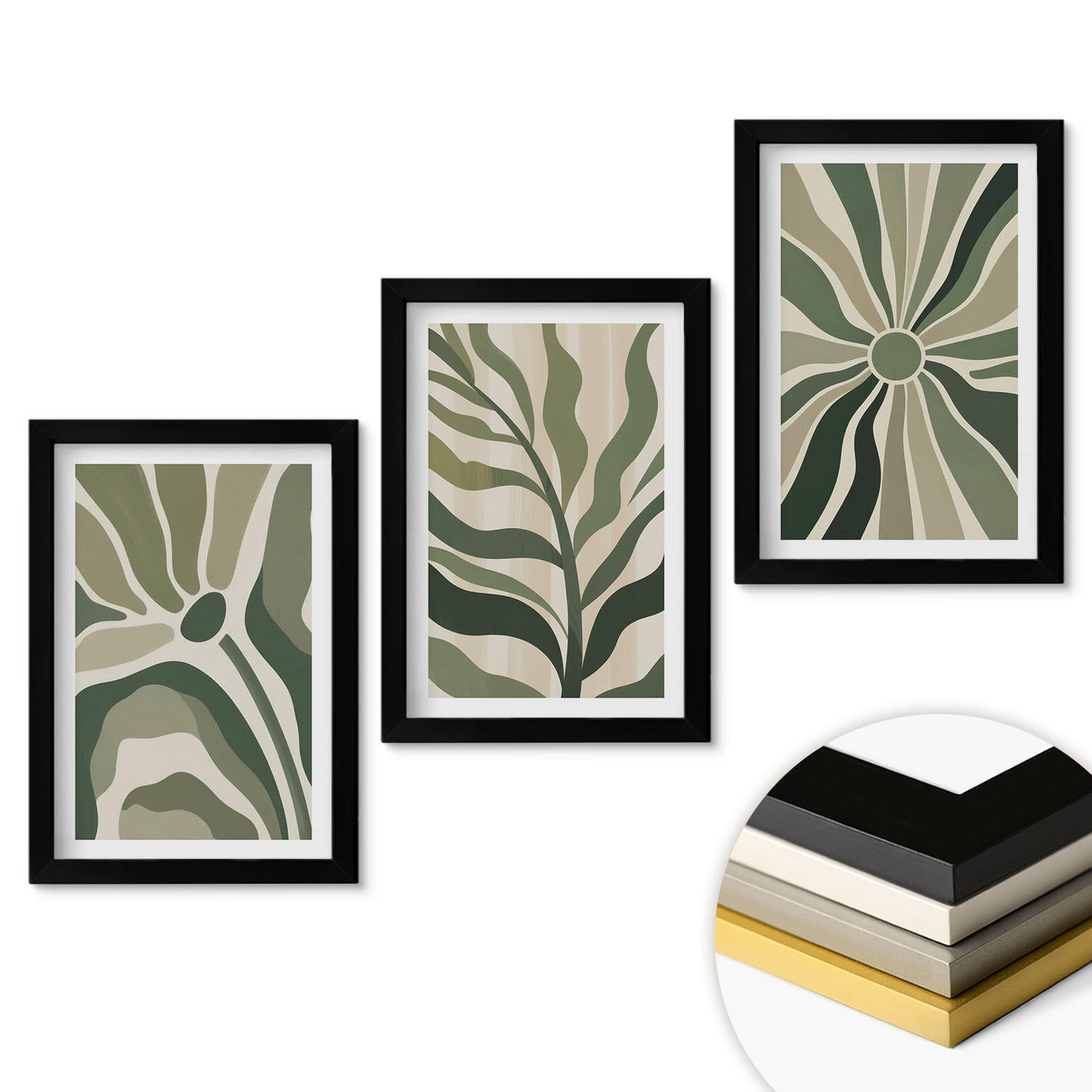 WANDBILDER 3er-Set - 20x30 cm Schwarzer Rahmen - Grüne und beige Pflanzenmuster - Schwarz, Kunststoff (20/30cm) - ArtPrintCave