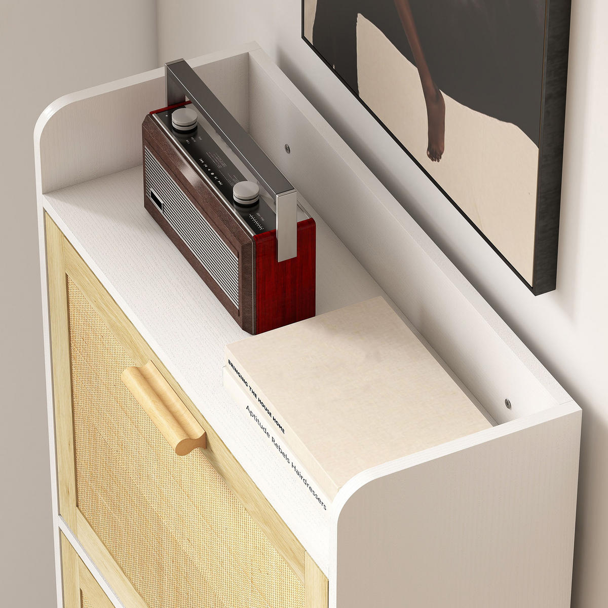 SCHUHSCHRANK DE-15057 3 Klapptüren mit geflochtener Resin-Optik Natur - Weiß, Holzwerkstoff (65/153/24.5cm) - ComfortXL