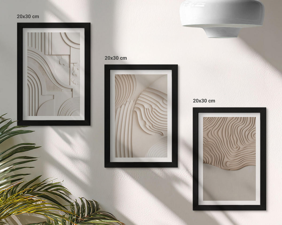 WANDBILDER 3er-Set - 20x30 cm Schwarzer Rahmen - Abstrakte Muster beige weiß - Schwarz, Kunststoff (20/30cm) - ArtPrintCave