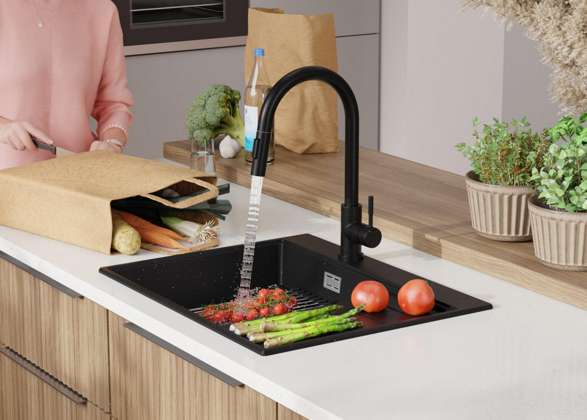 SPÜLBECKEN Sydney, 2-er set Schwarz Metallic 62/50 cm 1 Becken + Ablauf-Set + Küchenzubehörset ab 45er Unterschrank - Chromfarben/Schwarz Hochglanz, Kunststoff (62/20/50cm) - Primagran