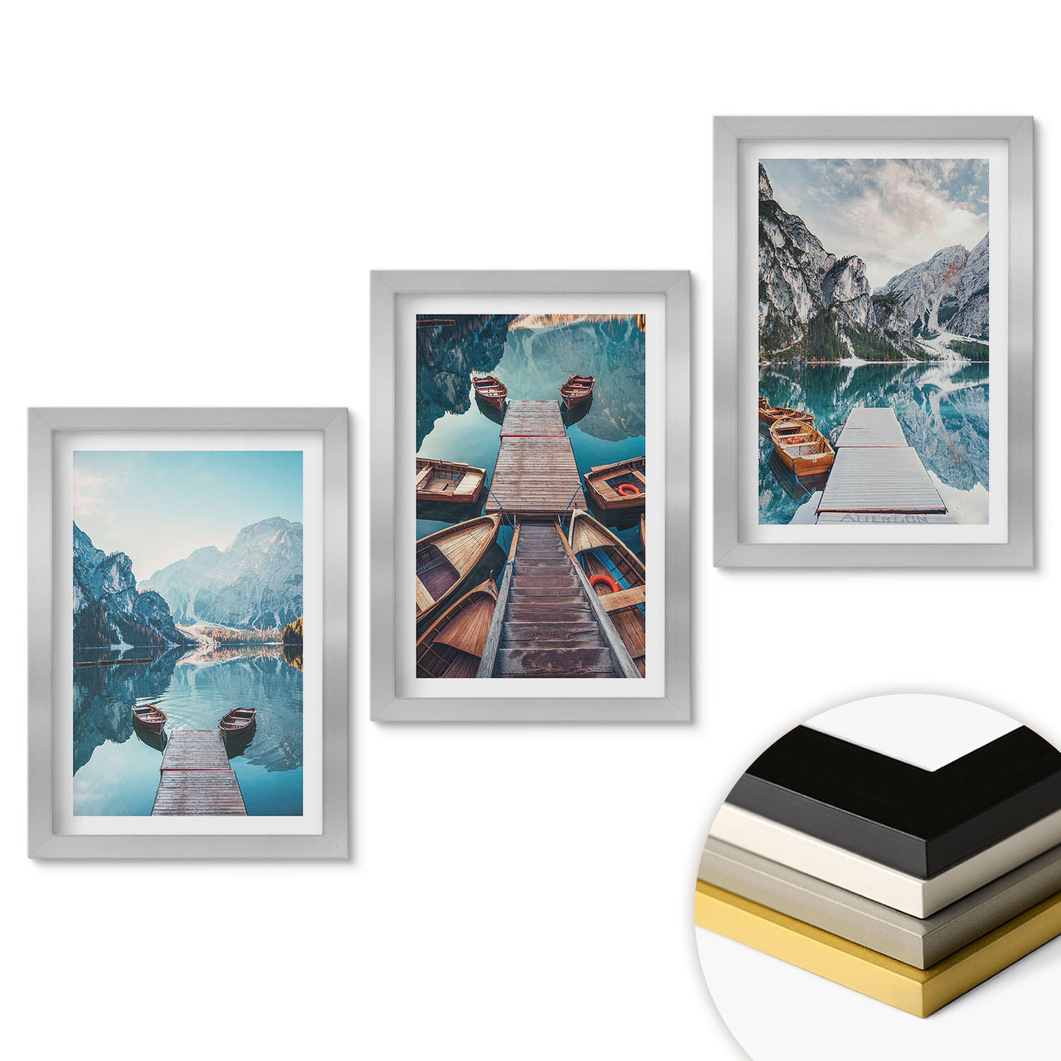 WANDBILDER 3er Set - 20x30 cm Silberner Rahmen - Seebrücken, Boote, Frieden - Silberfarben, Kunststoff (20/30cm) - ArtPrintCave