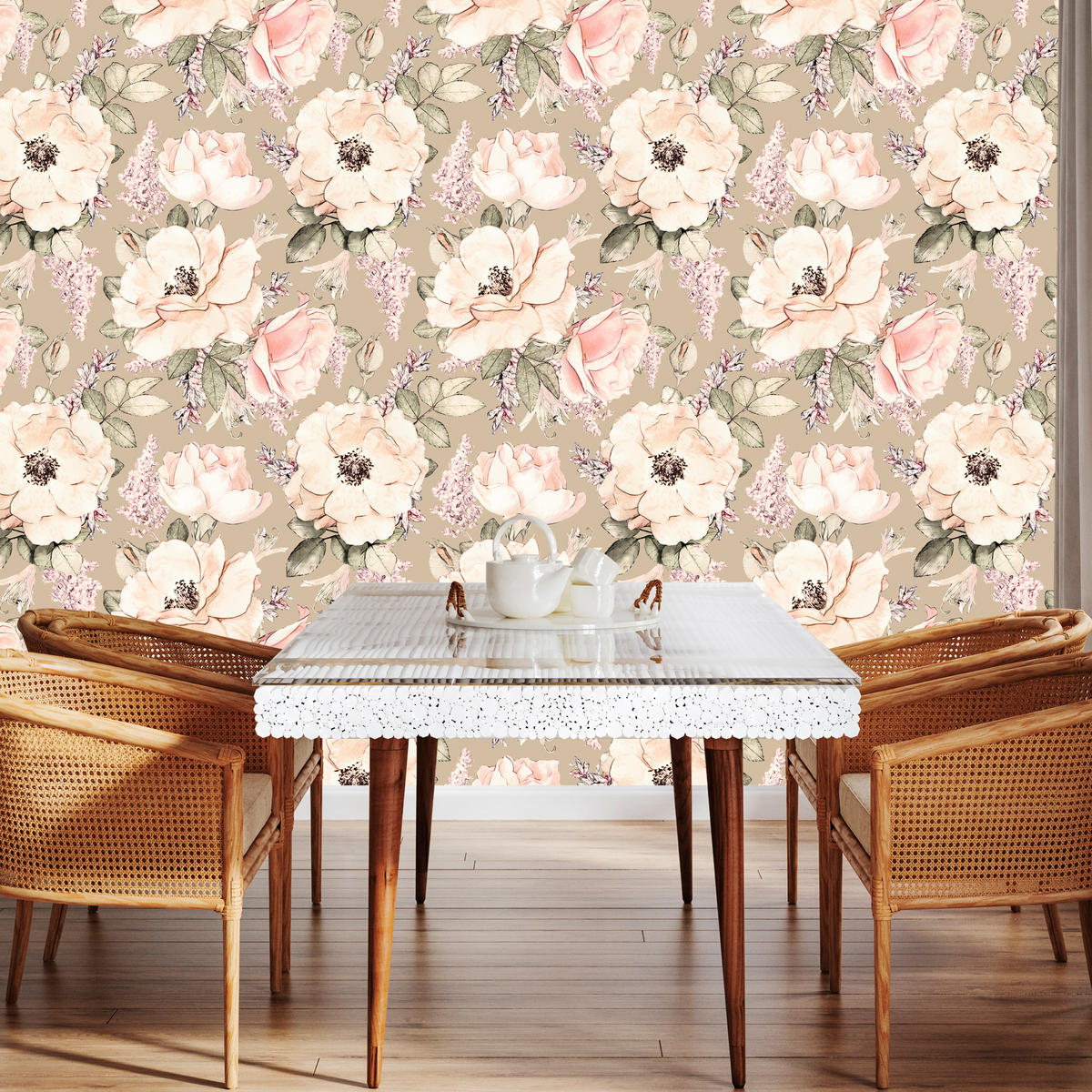 VLIESTAPETE Vintage-Rosen und Pfingstrosen – Rosa, Beige, Grün – 50x1000 cm - Beige/Rosa, Papier (50/1000cm) - Muralo