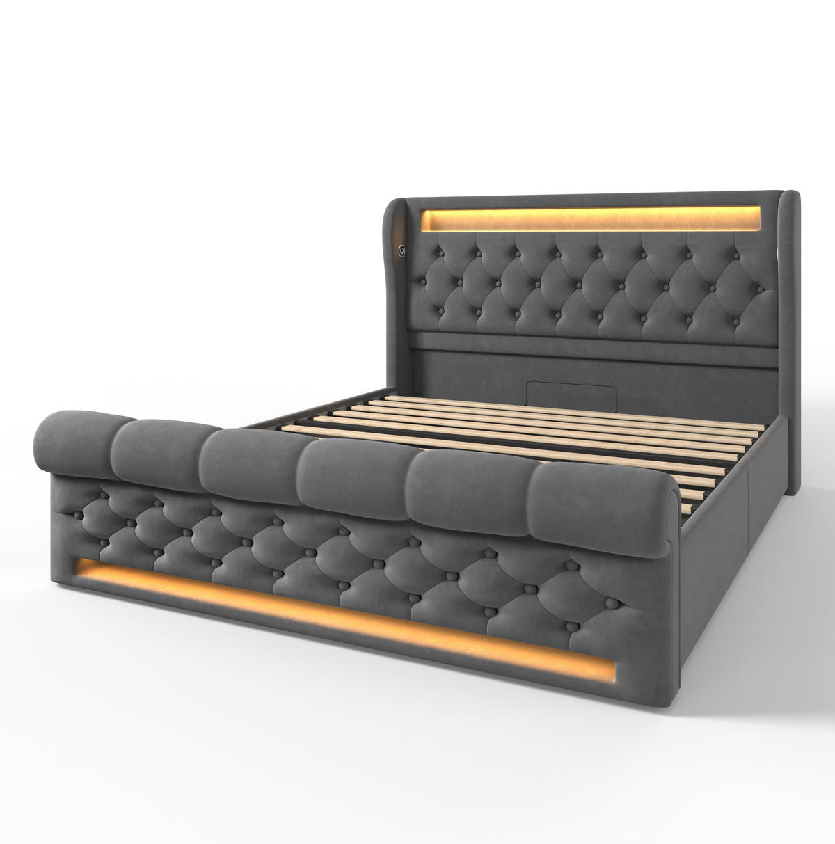 POLSTERBETT 160/200 cm Grau aus Samt mit LED Stauraum und USB Typ-C - Grau, Textil (160/200cm) - OKWISH