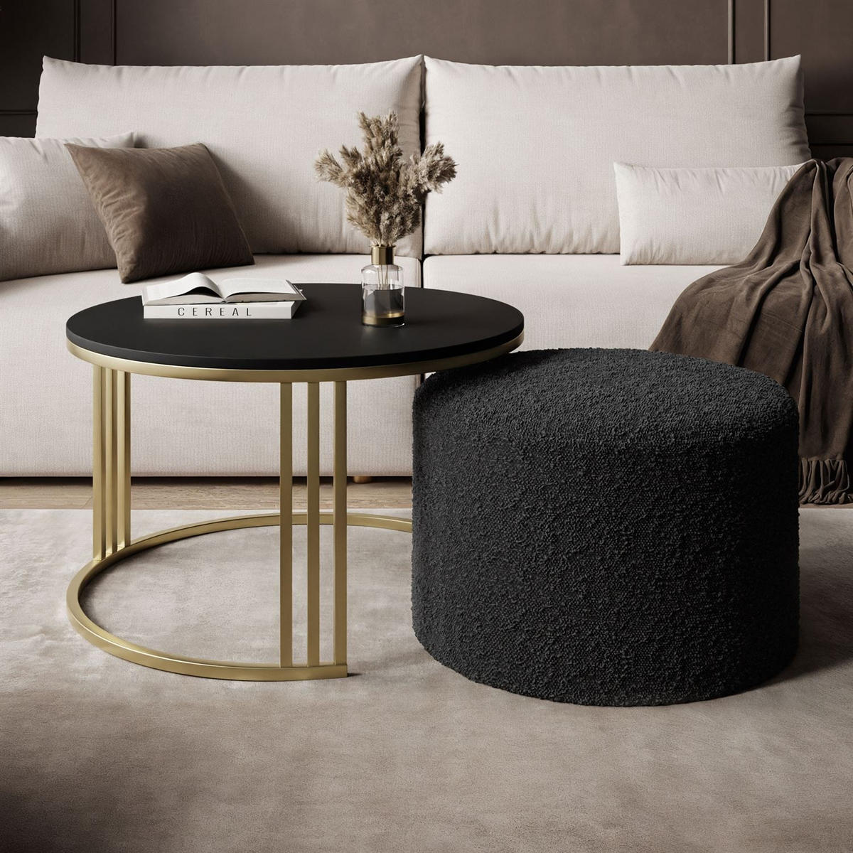 COUCHTISCH mit Hocker LORI MAT gebürstetes Gold/schwarz matt/Coral 60 - Schwarz, Metall (70/70/49cm) - Lookway