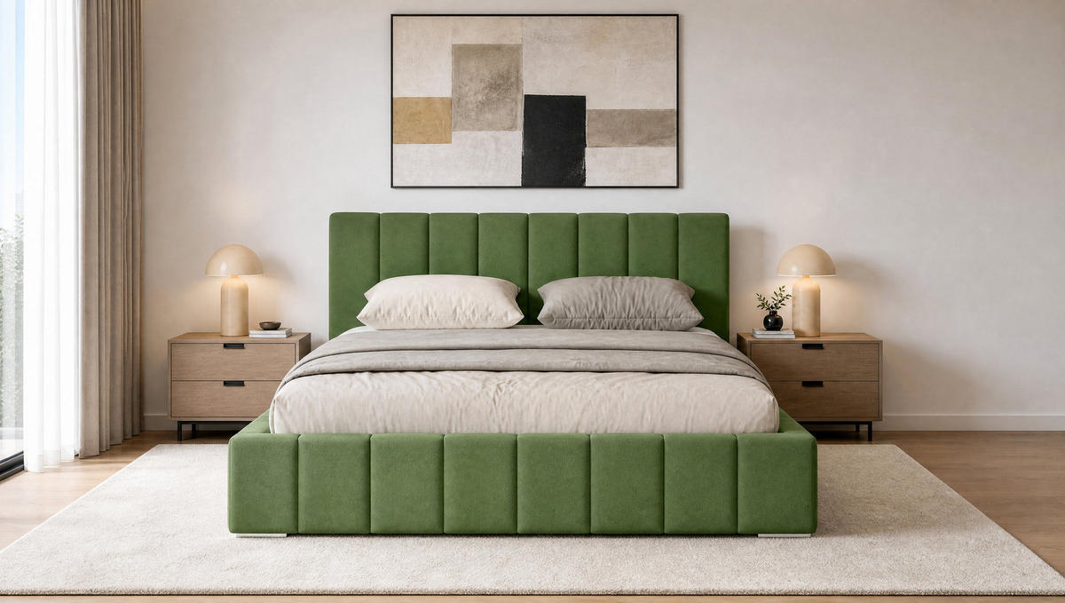MARPUR Polsterbett MENOS 180x200 cm mit Bettkasten und Lattenrost, Veloursstoff Grün - Chromfarben/Grün, Holz/Holzwerkstoff (180/200cm) - Marpur