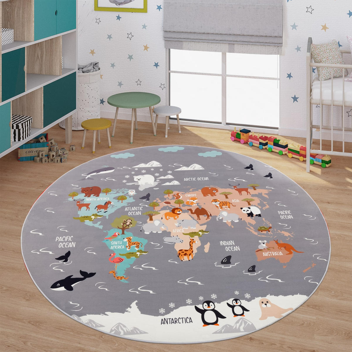 KINDERTEPPICH Tiere Grau Ø 160 cm - Multicolor, Kunststoff (160/160cm) - TT Home