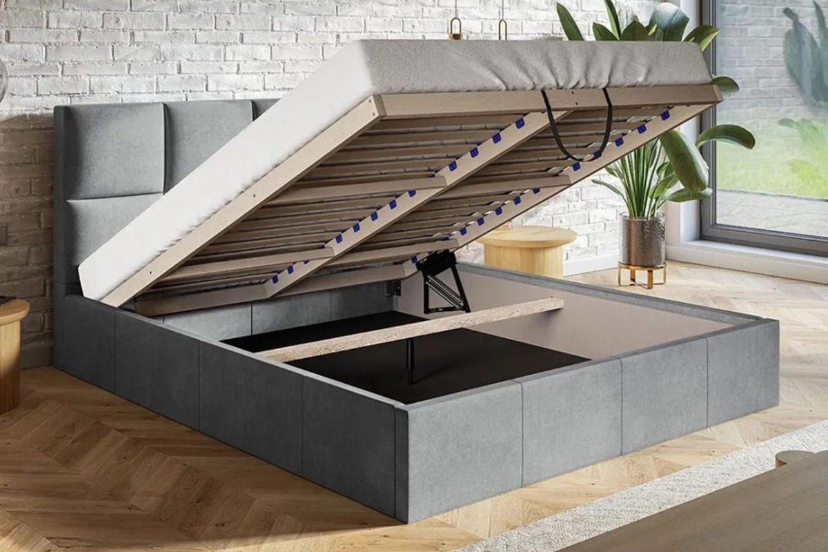 POLSTERBETT SLIM mit Kopfteil, 180x200 cm mit Bettkasten und Lattenrost aus Holz, Velourstoff, Farbe: Dunkelgrau - Dunkelgrau, Holz/Kunststoff (180/200cm) - Sepro Meble
