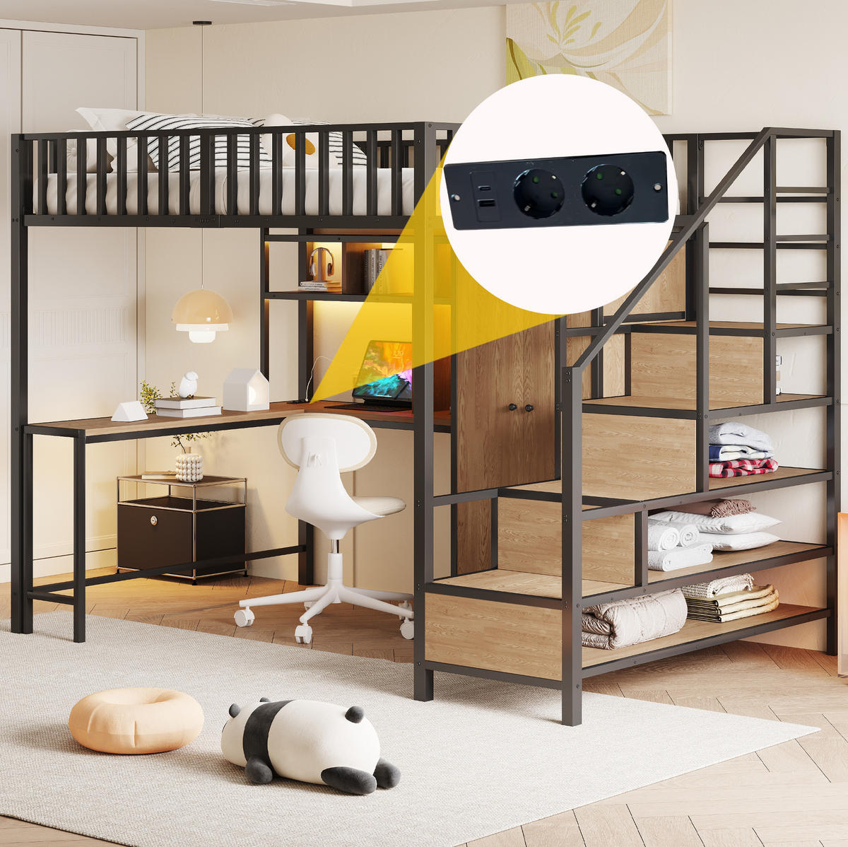 HOCHBETT aus Metall 140x200 cm Schwarz mit Schreibtisch, Kleiderschrank, Regalen, LED und Steckdose - Schwarz, Metall (90/190cm) - Modfu