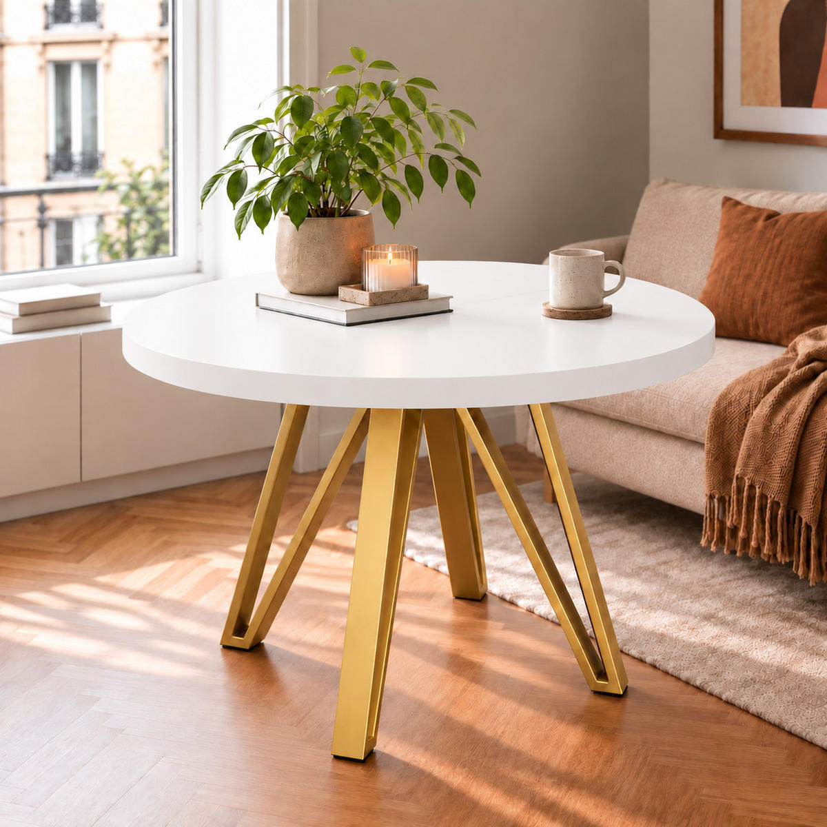 ESSTISCH rund ausziehbar 100/300/76 cm, Weiß, 54 cm Tischplatte + Industrial Metallgestell Gold - Goldfarben/Weiß, Holzwerkstoff/Metall (100/300/76cm) - Damale Möbel