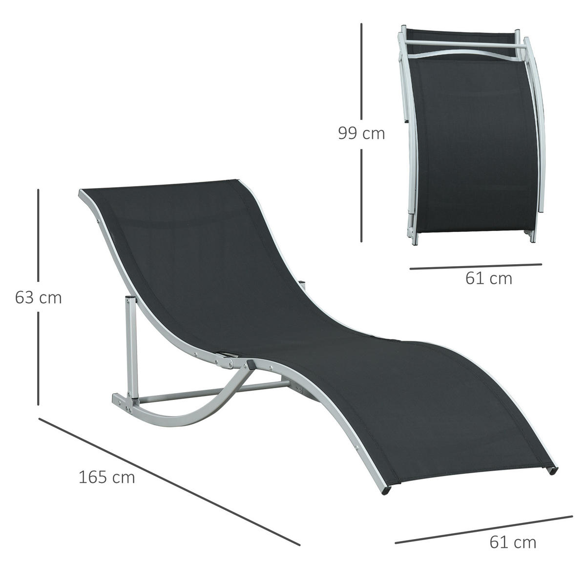 ALUMINIUM-KLAPPGARTLIEGE, 2er-Set, Negro, faltbar, 61 x 165 x 63 cm - Schwarz, Metall (165/63/61cm) - Vallsero
