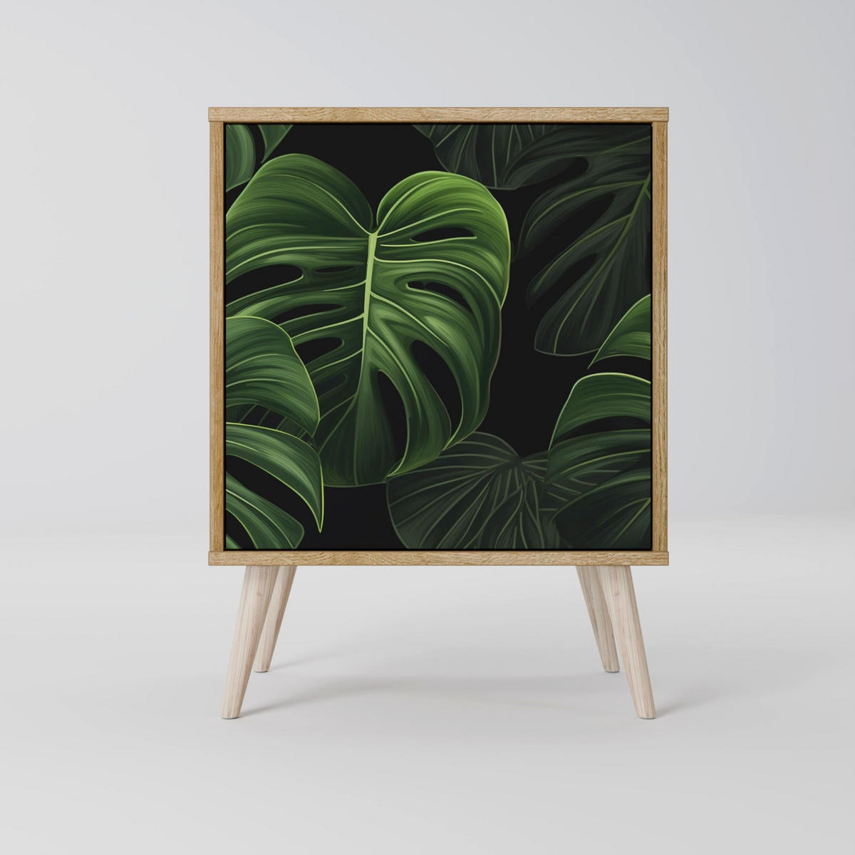 SIDEBOARD INFINITE MONSTERA, Grau, 57,5x42x77,5 cm, Schräge Buchenholzfüße - Buchefarben/Multicolor, Holzwerkstoff/Buchenholz (57.5/77.5/42cm) - SpaceRebels