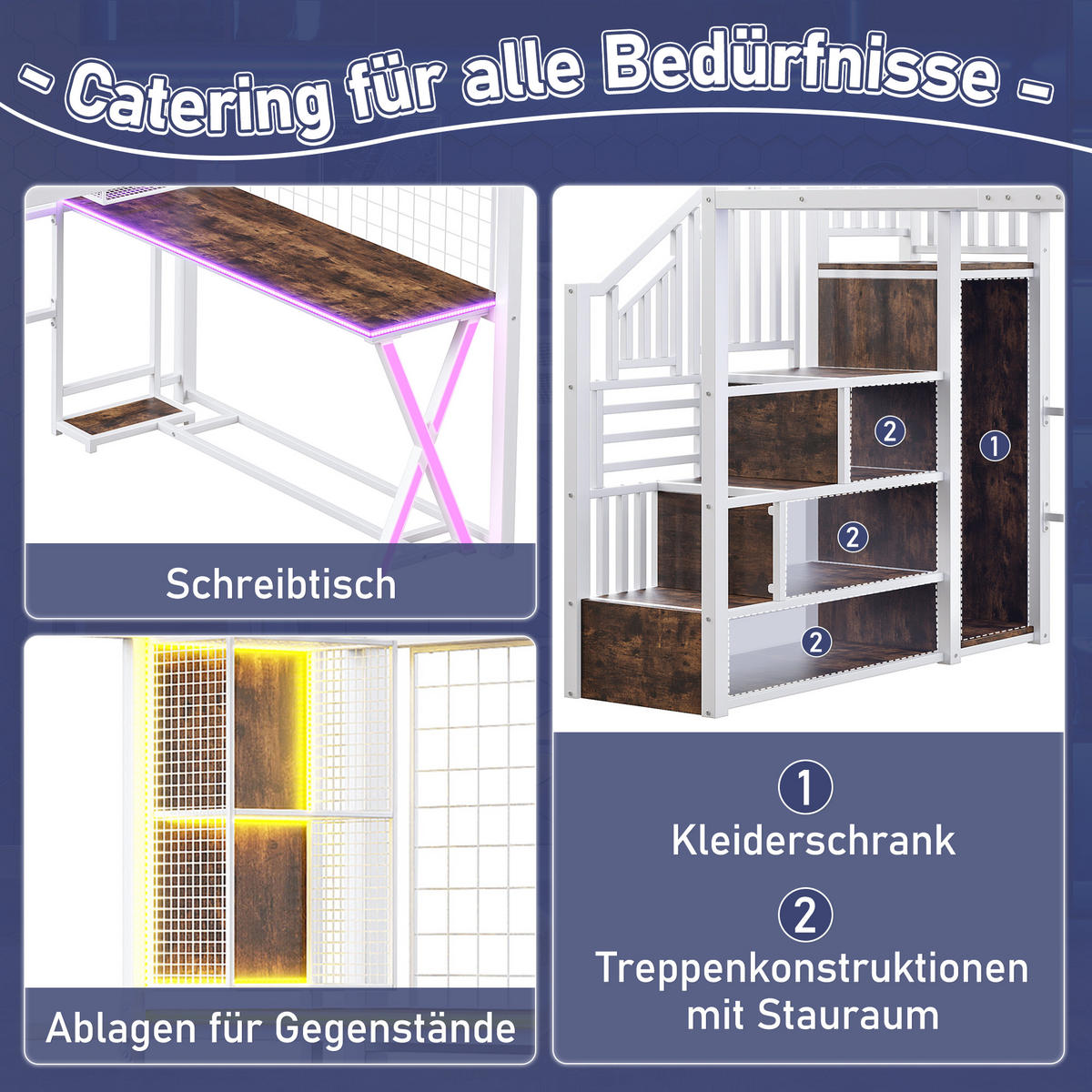 HOCHBETT 140x200cm Weiß LED-Licht Ablageleiter Schreibtisch Kleiderschrank - Weiß, Metall (140/200cm) - FLIEKS