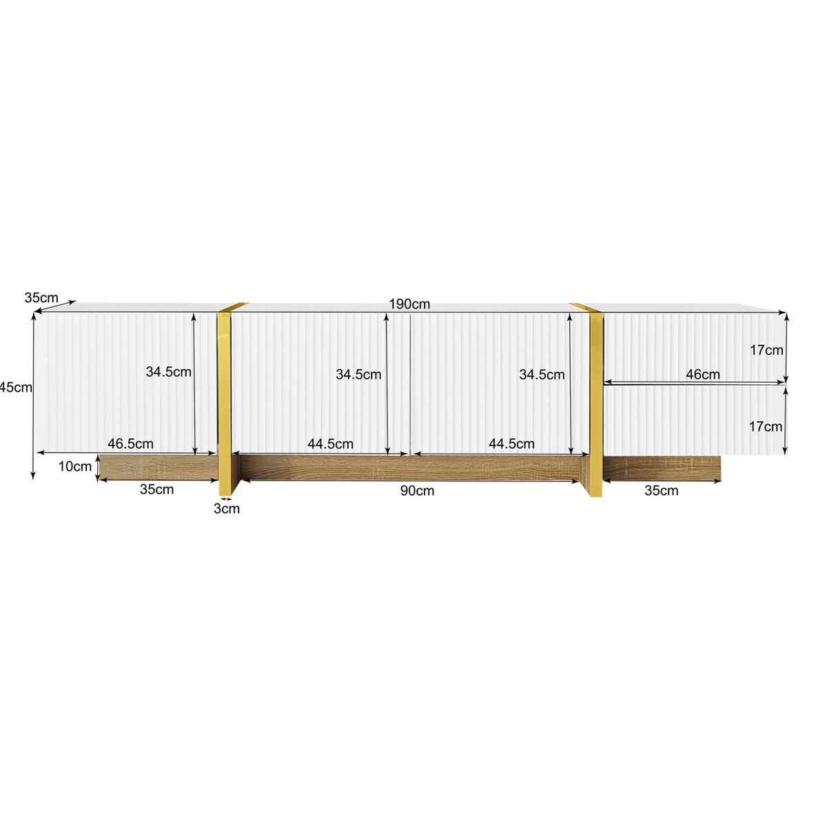 TV-SCHRANK in Weiß-Gold mit Holzmaserung, 3 Türen und 2 Schubladen 190/35/45 cm - Weiß, Holzwerkstoff (190/45/35cm) - Redom