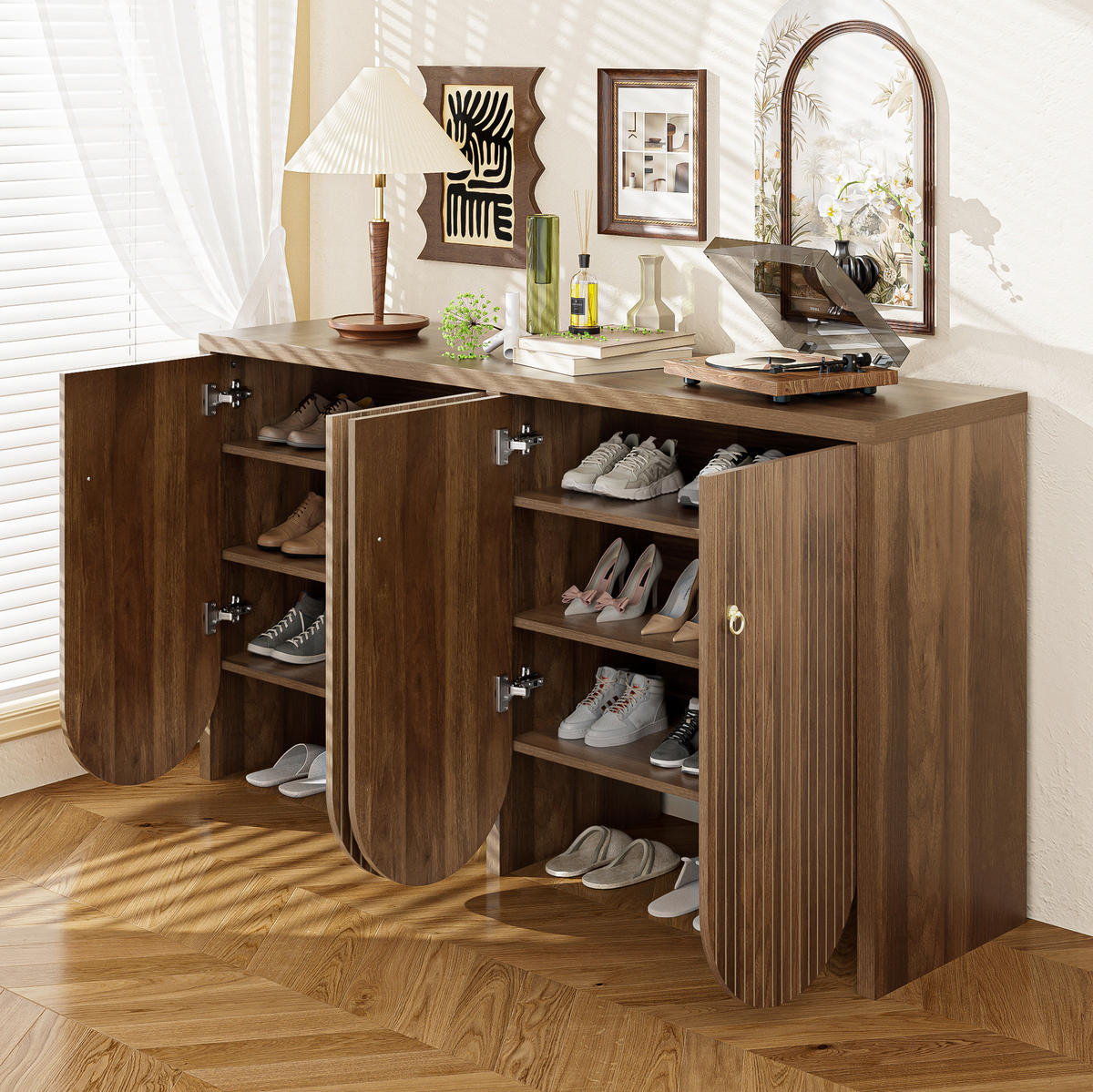 KOMMODE aus MDF 147x40x80cm in Walnussoptik mit 4 Türen - Walnussfarben, Holzwerkstoff (147/80/40cm) - Modfu