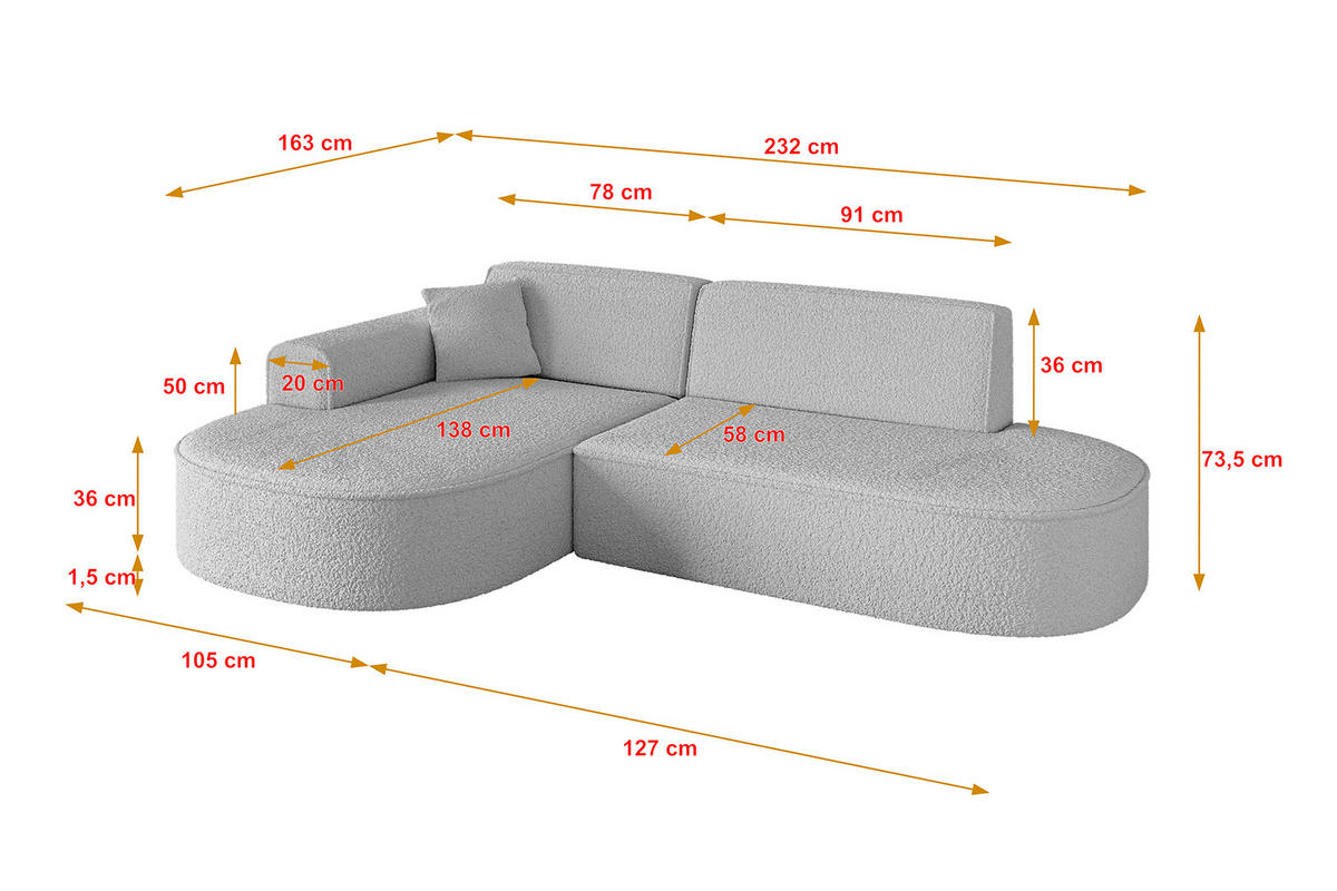 ECKSOFA Ottomane Links MARI-L1 - 232x163x73,5 cm Hellgrau Bouclé - Hellgrau/Schwarz, Holzwerkstoff/Kunststoff (163/234cm) - ALTDECOR