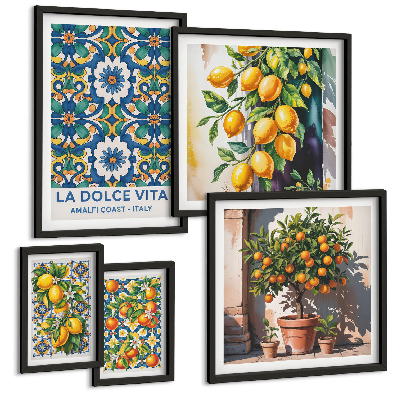 BILDER SET 5er Set - 50x50 cm & 20x30 cm & 40x60 cm Schwarzer Rahmen - Zitronenlimonade blaue Tür - Schwarz, Kunststoff (40/60cm) - TULUP