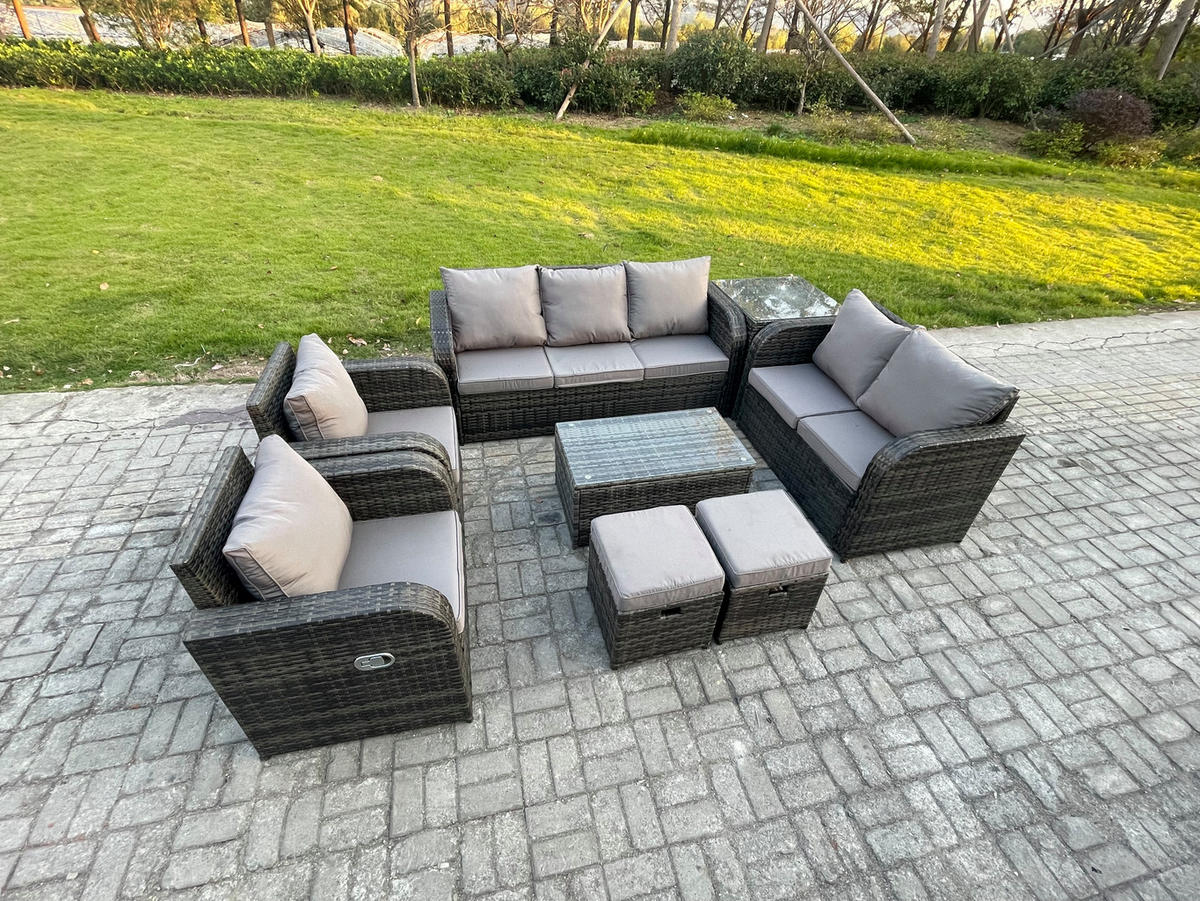 GARTENMÖBELSET mit Couchtisch Polyrattan 9-Sitzer - Dunkelgrau/Grau, Glas/Kunststoff - Fimous
