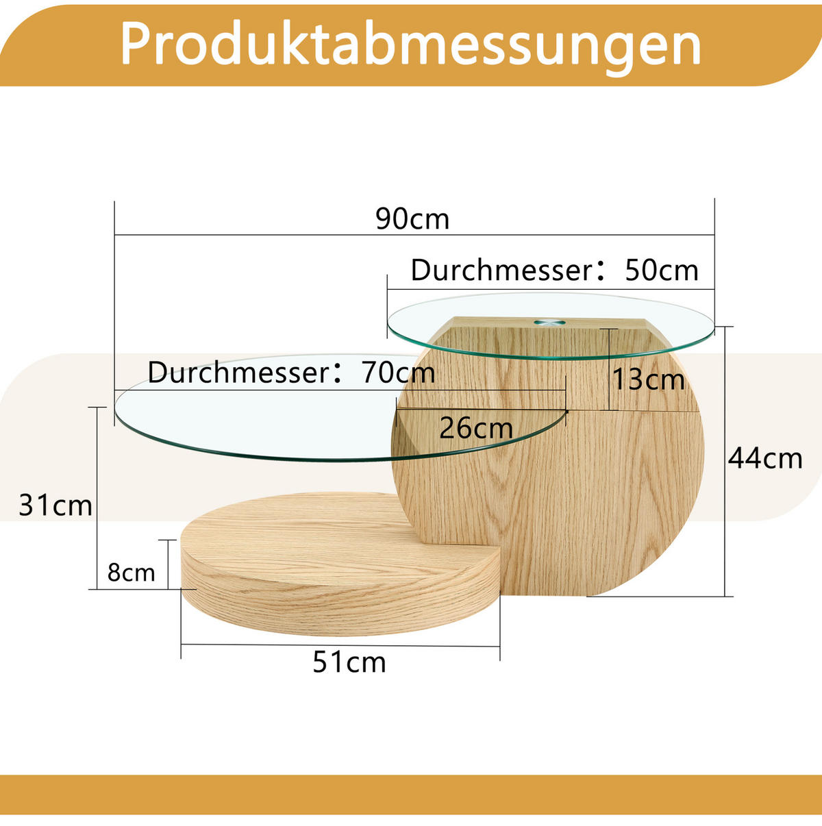 COUCHTISCH aus MDF & Glas Ø50/70 cm in Holz mit mehrstufigen Ablagen - Naturfarben, Glas (90/90/44cm) - Modfu