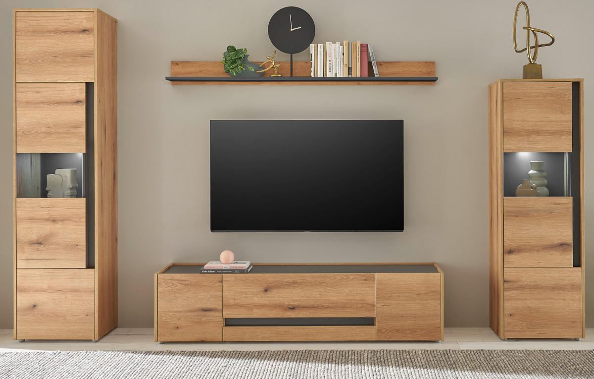 WOHNWAND Evoke Eiche, grau, Wohnkombination Set 4-teilig, 310 cm - Eichefarben/Grau, Glas/Holz (310/197/45cm) - Furn.Design