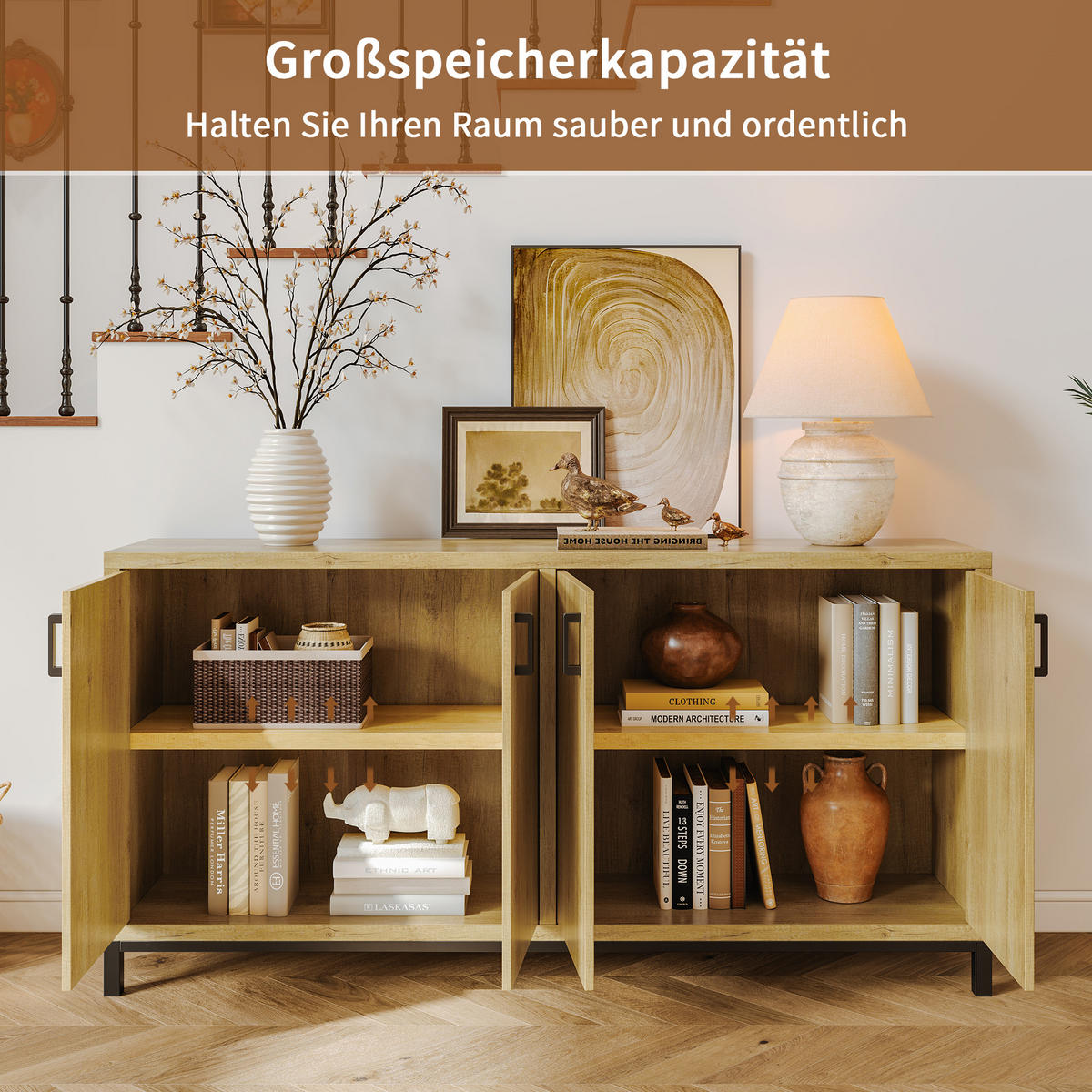 SIDEBOARD 160x35x80 cm Holzoptik 4 Türen Metallfüße - Naturfarben, Holz (160/80/35cm) - LEBENLANG