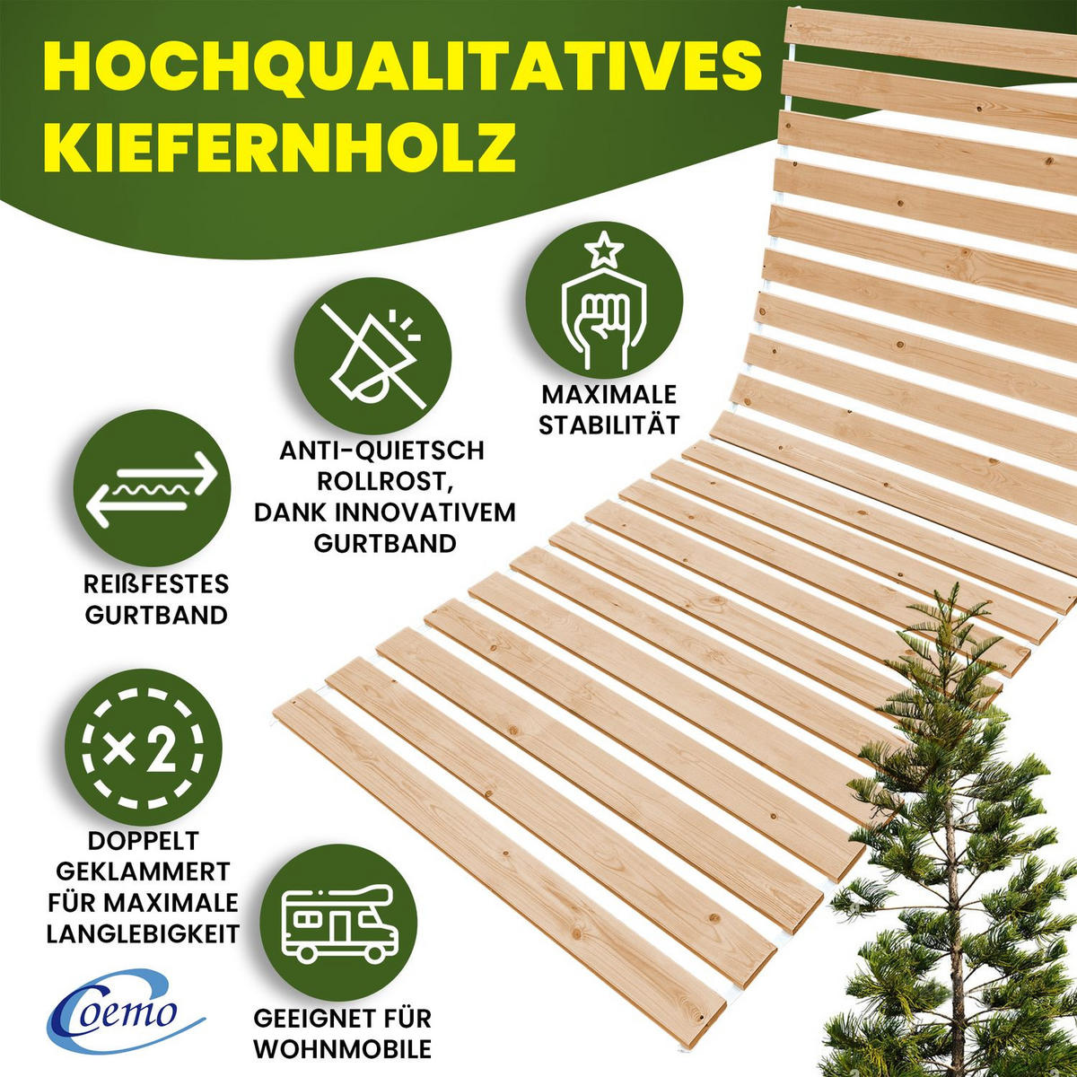 ROLLROST ROMO Lattenrost Massivholz 90x200 cm - Naturfarben, Holz (90/200cm) - Coemo