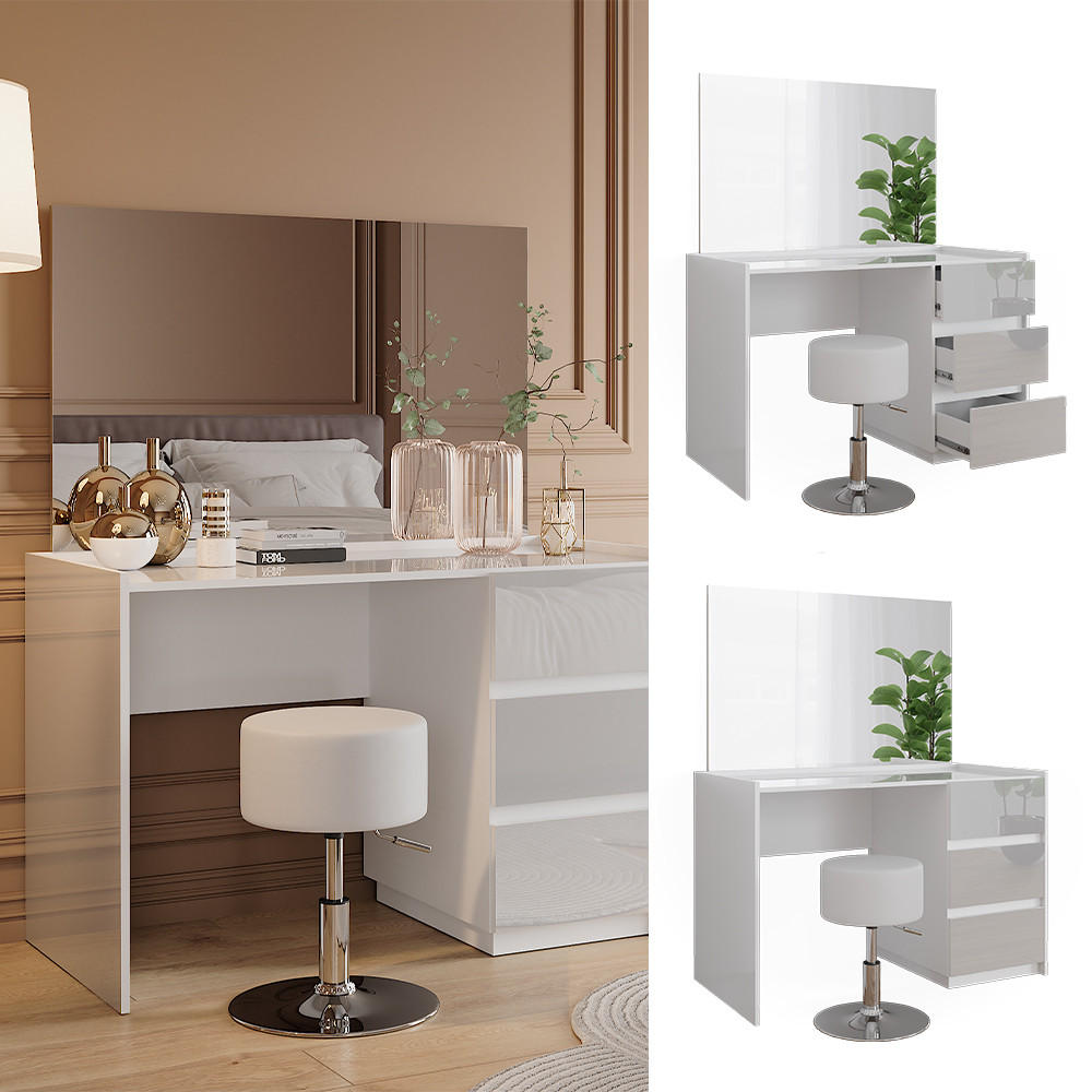 SCHMINKTISCH Marla Weiß Hochglanz 120 cm mit Spiegel und Hocker - Weiß Hochglanz, Holzwerkstoff (120/78.6/60cm) - Vicco