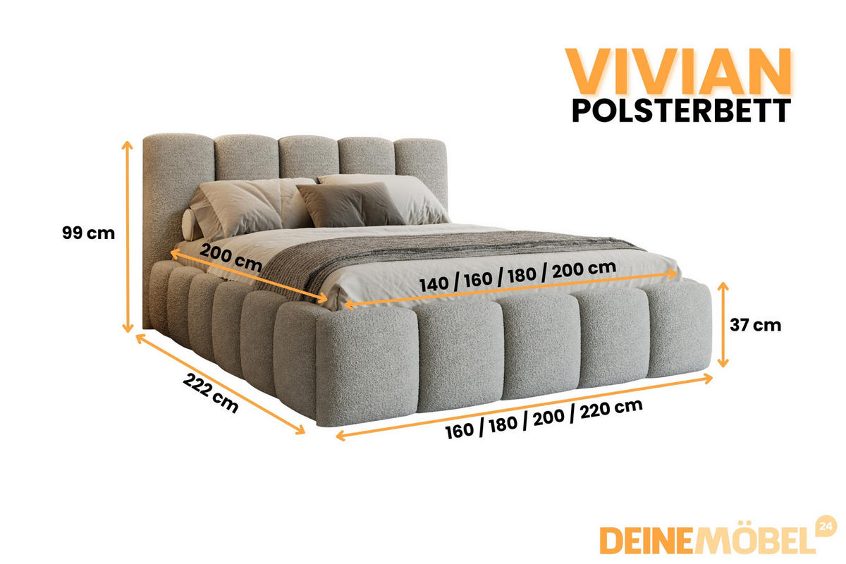 POLSTERBETT VIVIAN 200/200 in Boucle Hellgrau - Hellgrau, Holz/Holzwerkstoff (200/200cm) - Deine Möbel 24