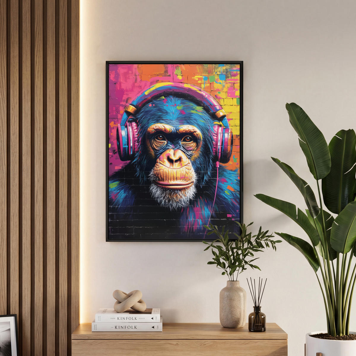 LEINWAND Bilder mit Rahmen - Graffiti - Schimpanse - Straßenkunst - Kopfhörer - Affe - 60x80 - Blau, Textil (60/80cm) - MuchoWow