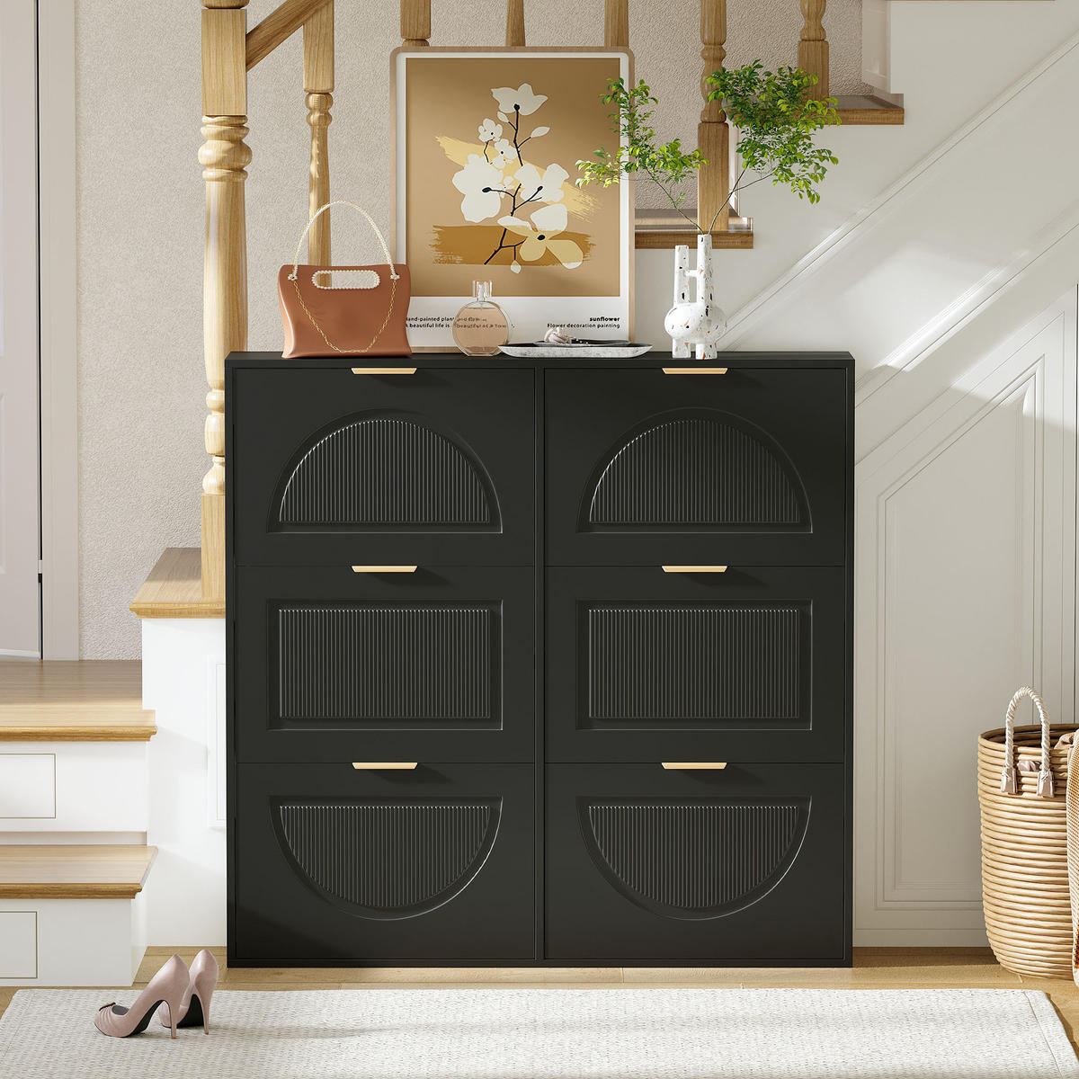 SCHUHSCHRANK Modern freistehend 6 Fächer Schwarz 118x25x115cm - Schwarz, Holzwerkstoff (25/115/118cm) - FLIEKS