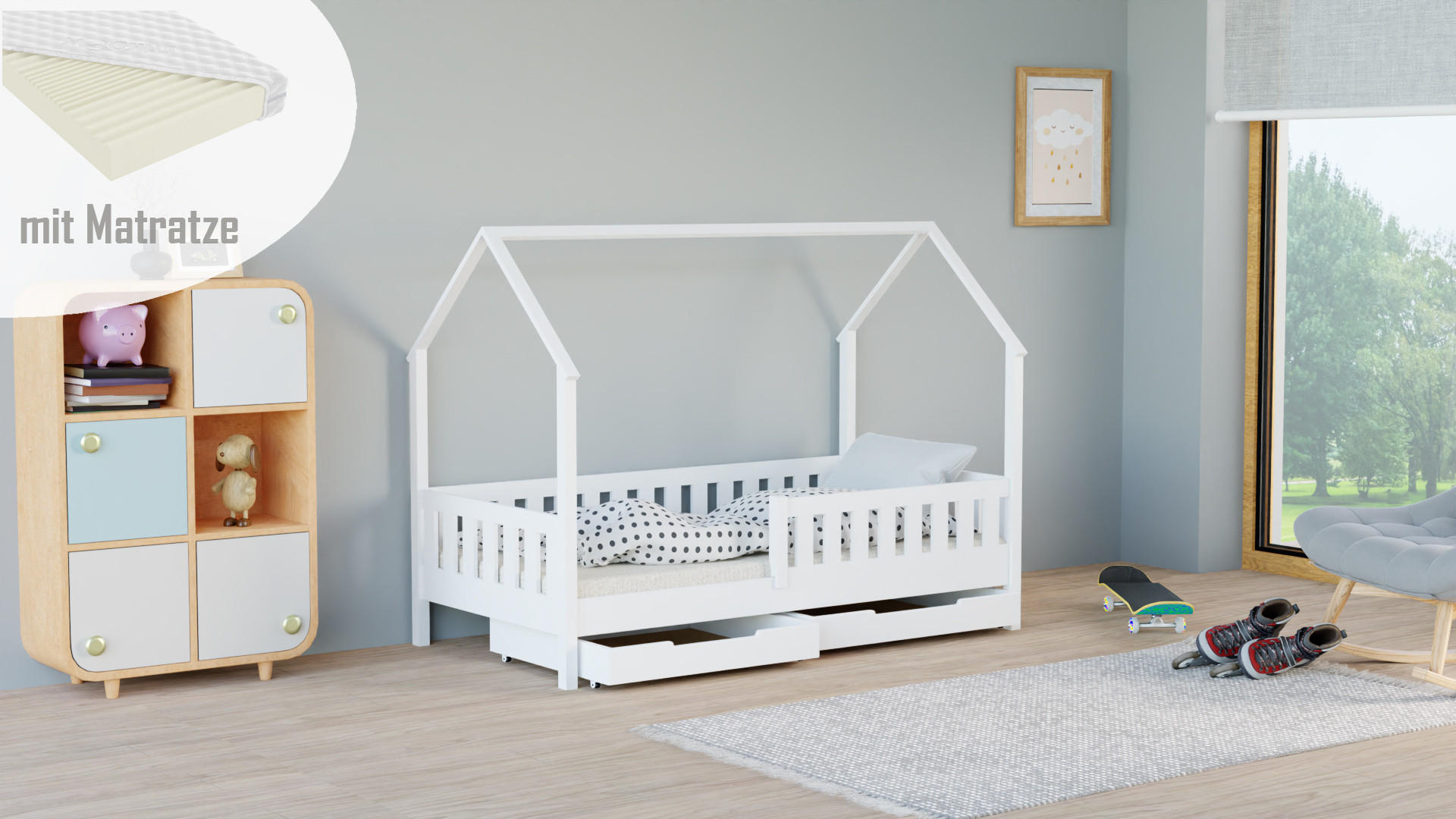 HAUSBETT 180x90 weiß mit Schubladen mit Matratze - Weiß, Holzwerkstoff (90/180cm)