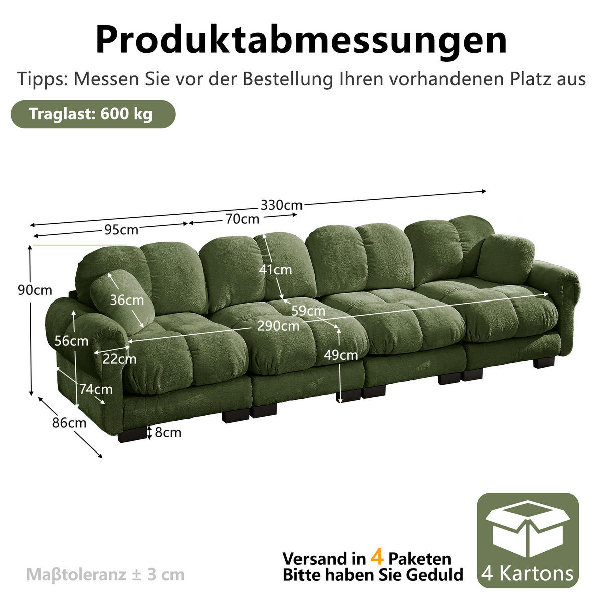 4-SITZER-SOFA DE-34384 Steppdesign Grün - Grün, Textil (86/90/330cm) - ComfortXL