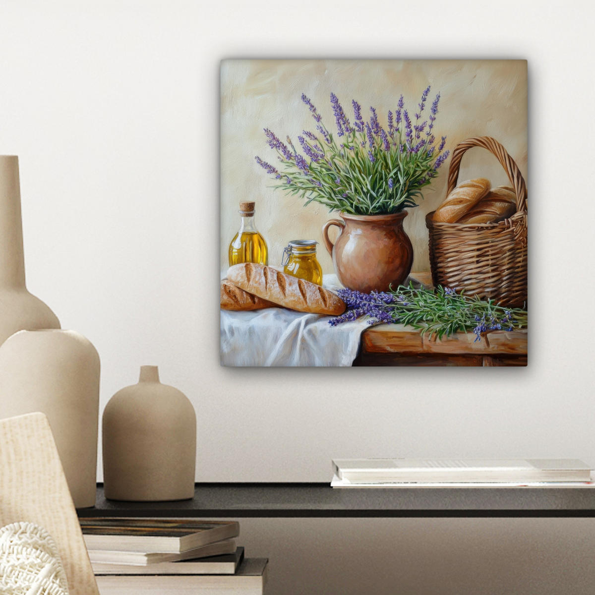 LEINWANDBILD Lavendel - Brot - Stilleben 20x20 cm - Flieder, Textil (20/20cm) - MuchoWow