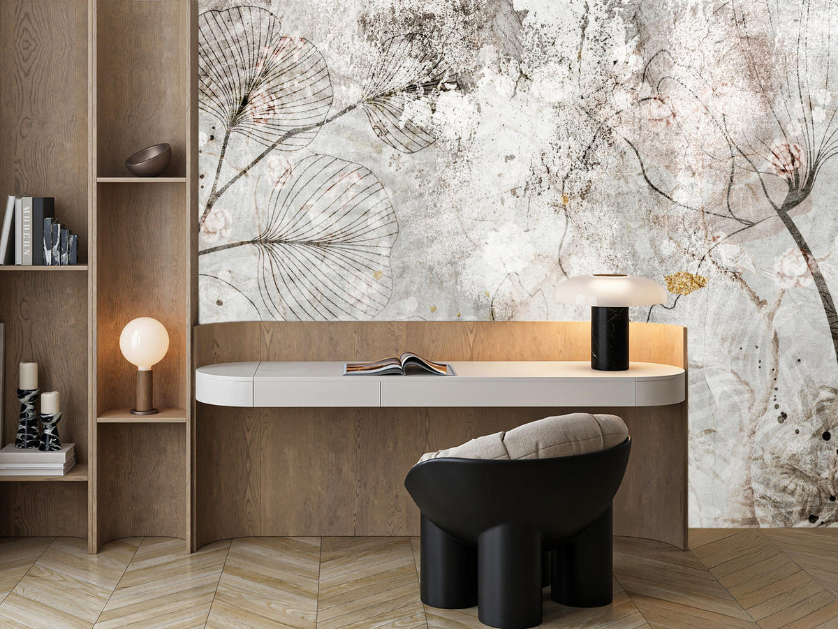 FOTOTAPETE für Wohnzimmer Vintage Blätter Blumen Beton Abstrakt 450x315 - Gelb/Orange, Papier (450/315cm) - Muralo