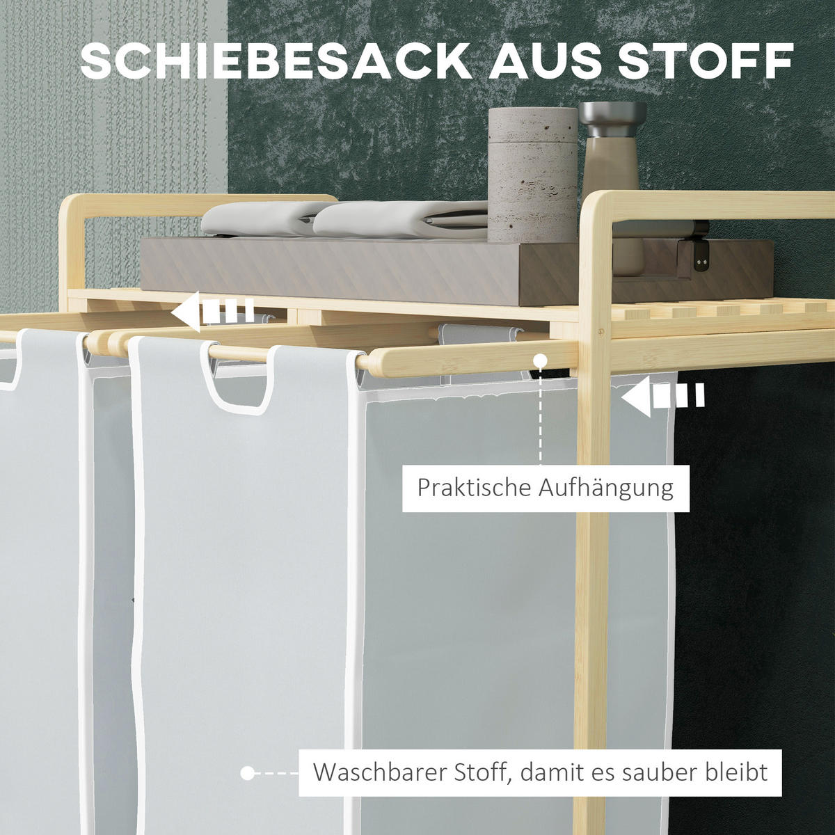 WÄSCHEKORB Bambus Polyester Natur+Creme - Creme/Naturfarben, Naturmaterialien (33/73/63.5cm) - HOMCOM