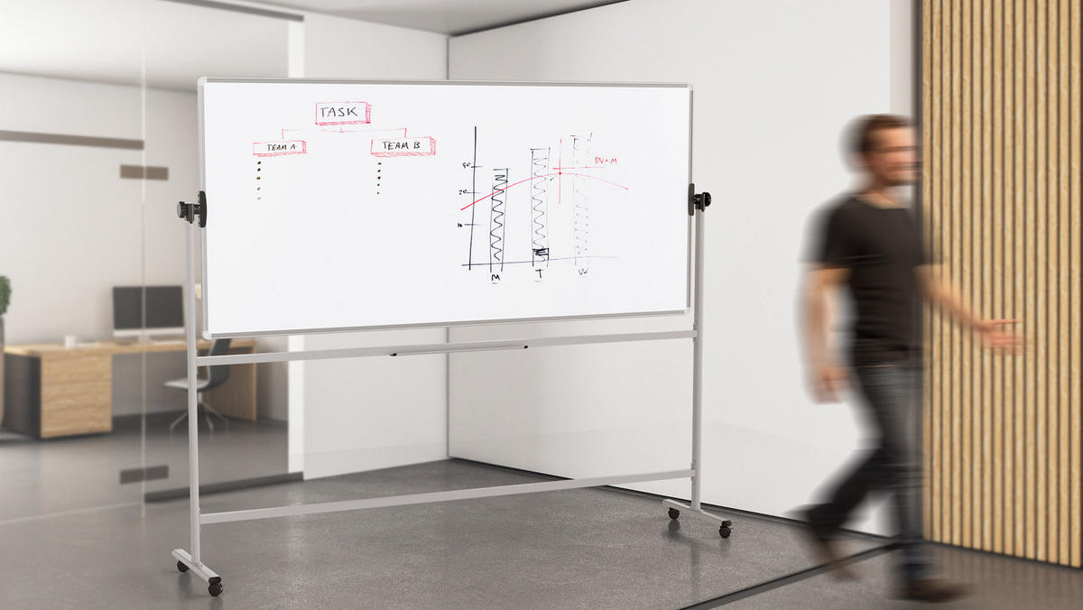 MOBILES Board, Serie: TM Idea/Flex – mit doppelseitiger Whiteboard-Oberfläche, drehbar, 220x100 cm - Weiß, Metall (220/90/62cm) - ALLboards