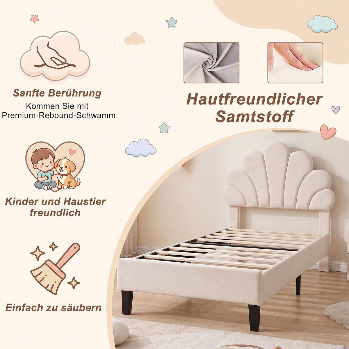KINDERBETT 90x200 mit Lattenrost, Blütenblatt-Kopfteil, höhenverstellbar, Beige - Beige, Holz/Textil (90/200cm) - GENKI LIVING