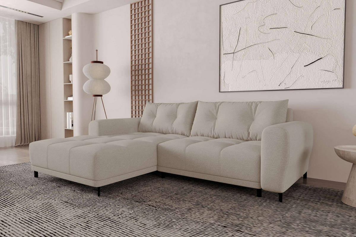 ECKSOFA Massimo Strukturstoff Beige inkl. Schlaffunktion Links - Beige/Schwarz, Textil/Metall (246/177cm) - 99rooms