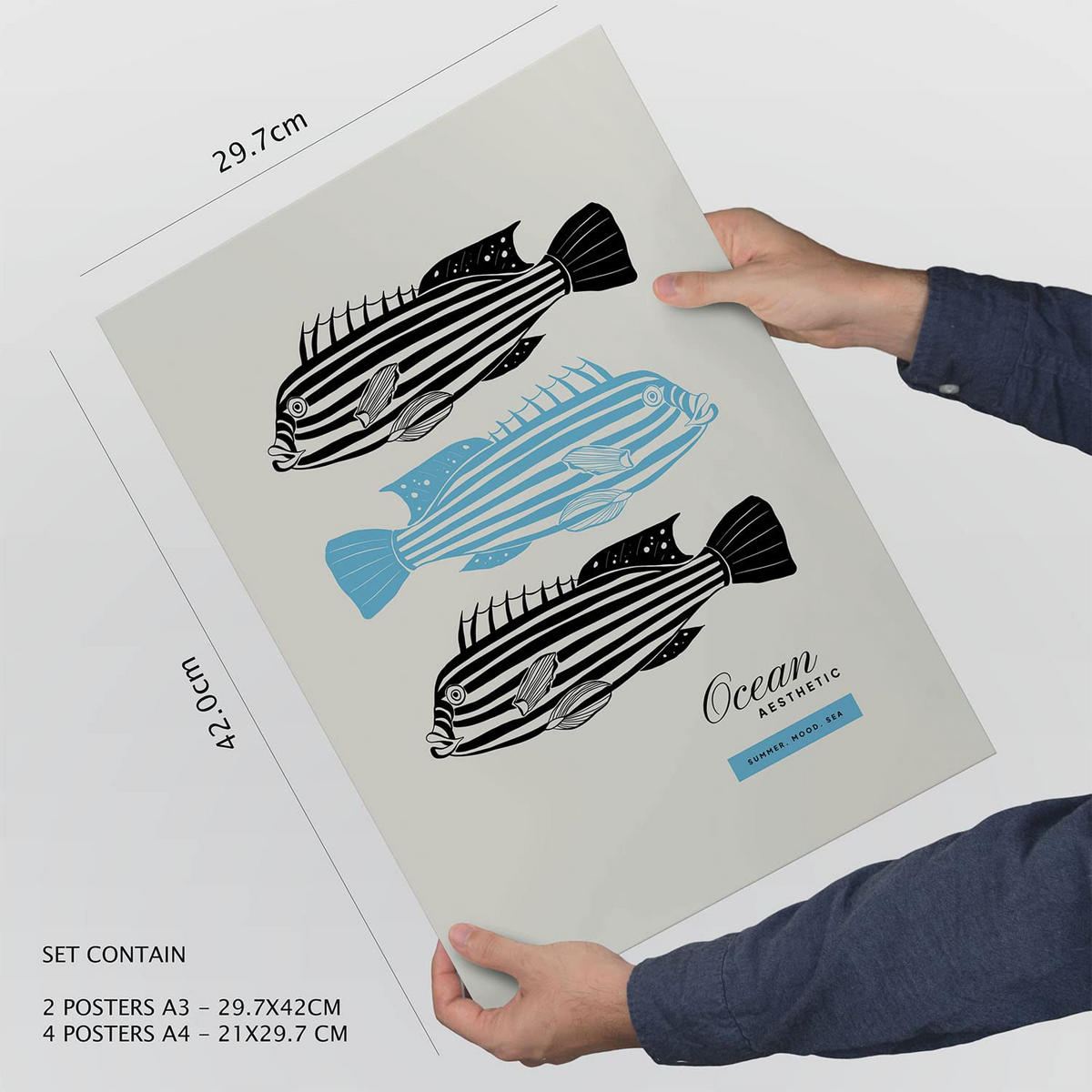 POSTER Set Mit 6 In Schwarzer Tinte Meerestiere Kunstdrucke Von Meer Und Ozean Für Innenarchitektur A3 & A4 Weißer Rahmen - Weiß, Papier (29/3cm) - Nacnic