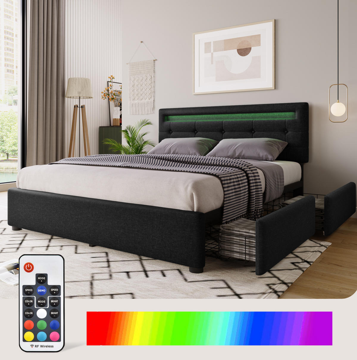 POLSTERBETT aus Leinen 140x200 cm in Schwarz mit Matratze & LED-Beleuchtung - Schwarz, Textil (140/200cm) - Modfu