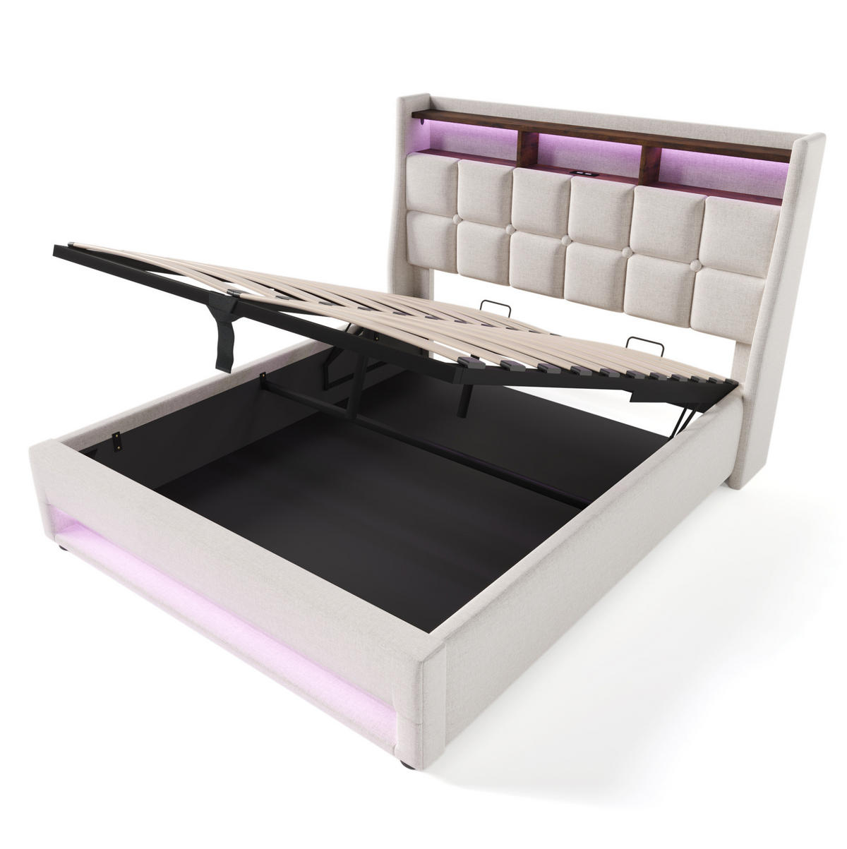 POLSTERBETT mit Stauraum, USB und LED 180x200 cm Beige - Beige, Metall (180/200cm) - Meubliv