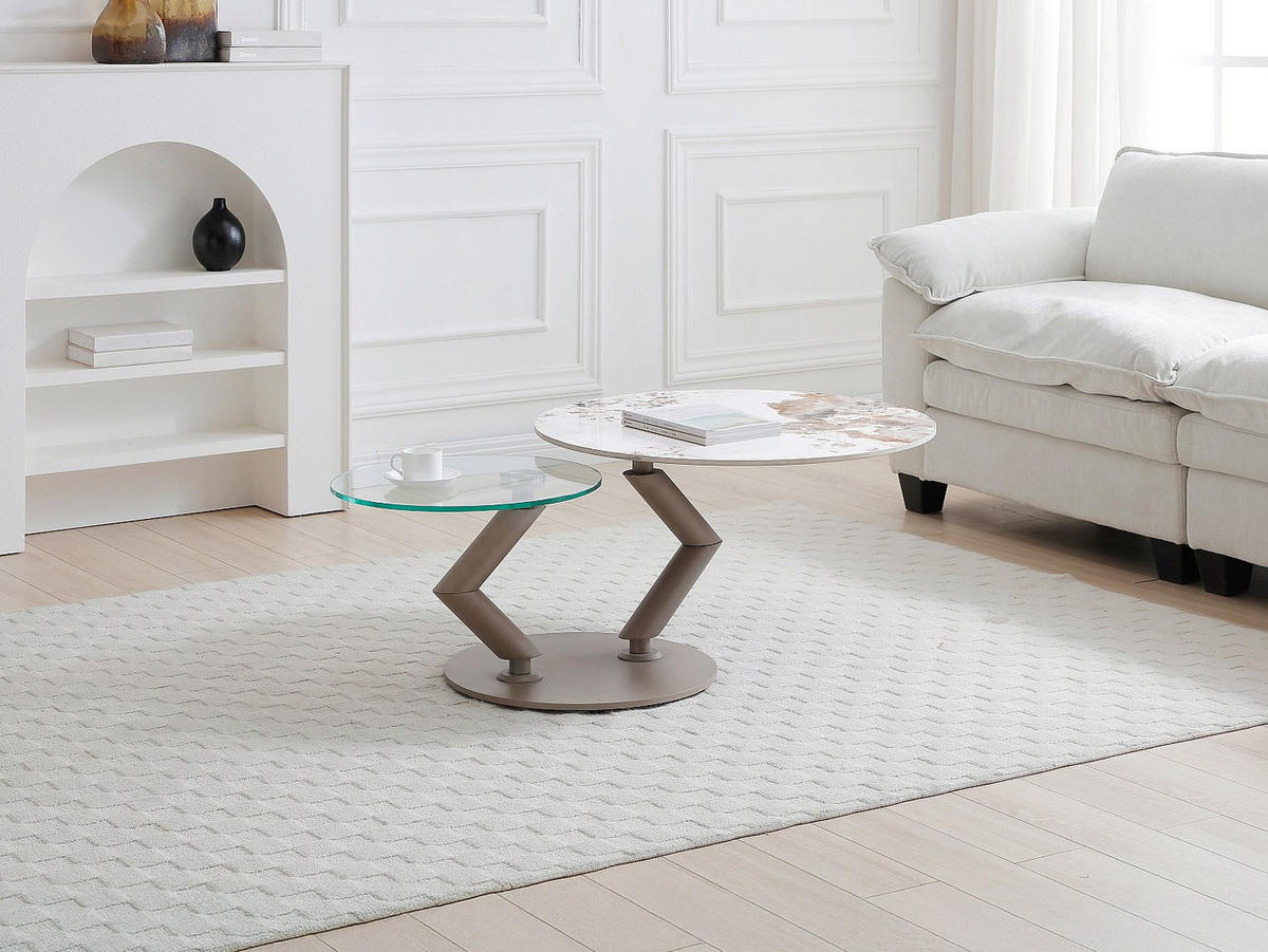 COUCHTISCH mit drehbaren Tischplatten - Keramik, Sicherheitsglas & taupefarbenes Metall - Marmor-Optik Weiß & Grau - ELDOVA - Taupe, Glas (130/80/43cm) - Vente-Unique