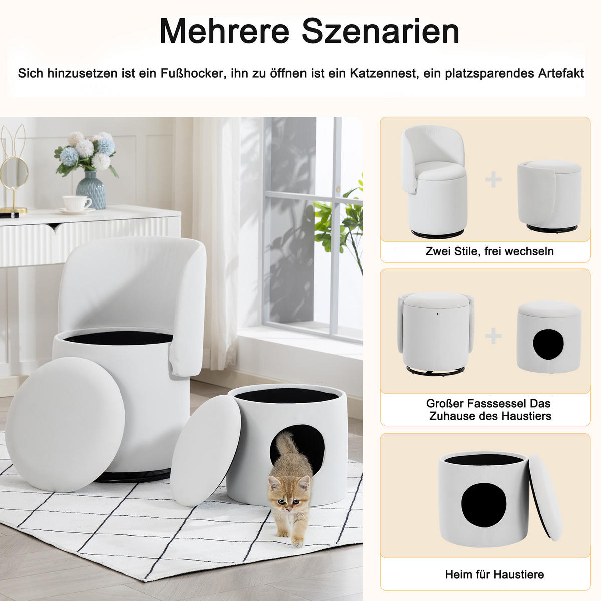 SESSEL Samt Weiß drehbar, Stauraum und mit Hocker - Beige, Holzwerkstoff/Textil (48/75/52cm) - WISHDOR
